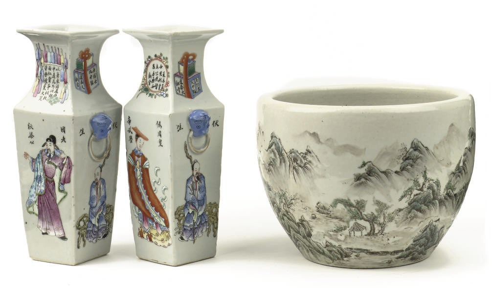 A Chinese famille rose jardinière and a pair of famille rose vases