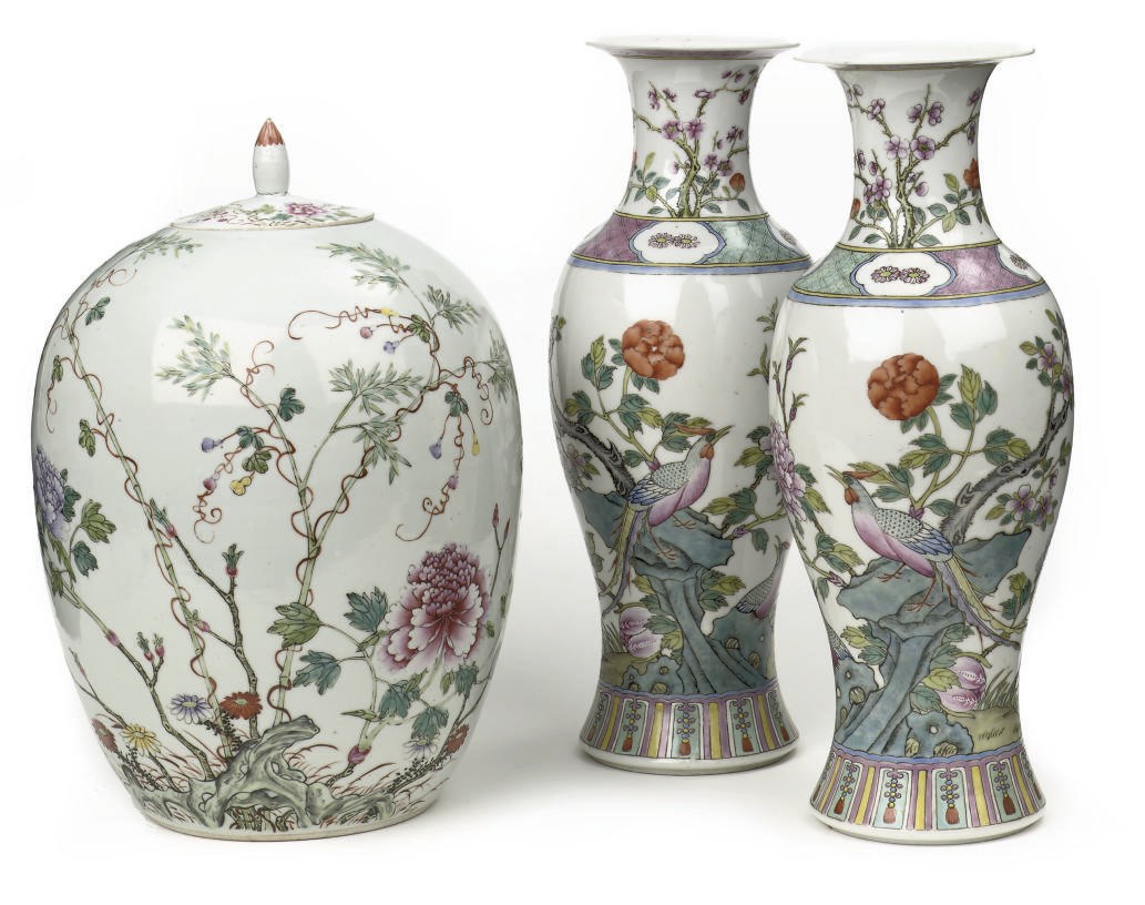A Chinese famille rose oviform jar and cover and a pair of famille rose baluster vases