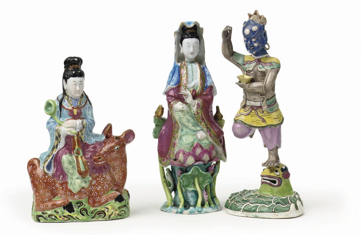 Two famille rose figures of Guanyin and an Immortal