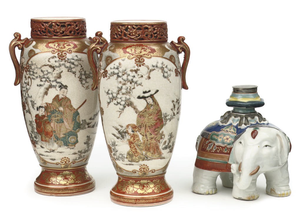 A Japanese Kutani elephant and a pair of Satsuma vases