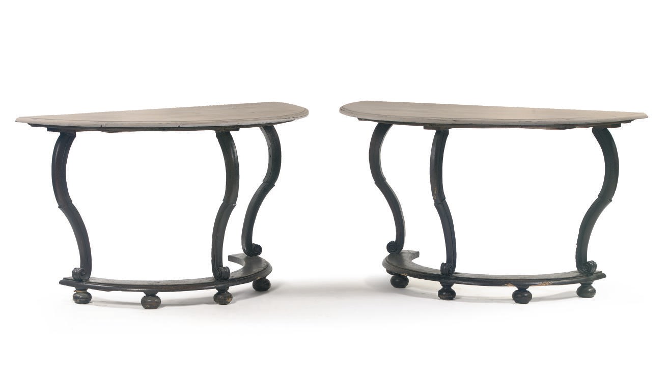 A PAIR OF STAINED OAK AND GREY PAINTED SIDE TABLES