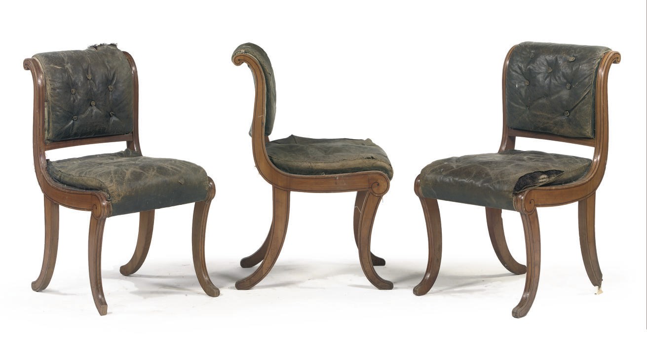 A SET OF THREE GERMAN BIEDERMEIER LINE INLAID CHERRYWOOD SIDE CHAIRS