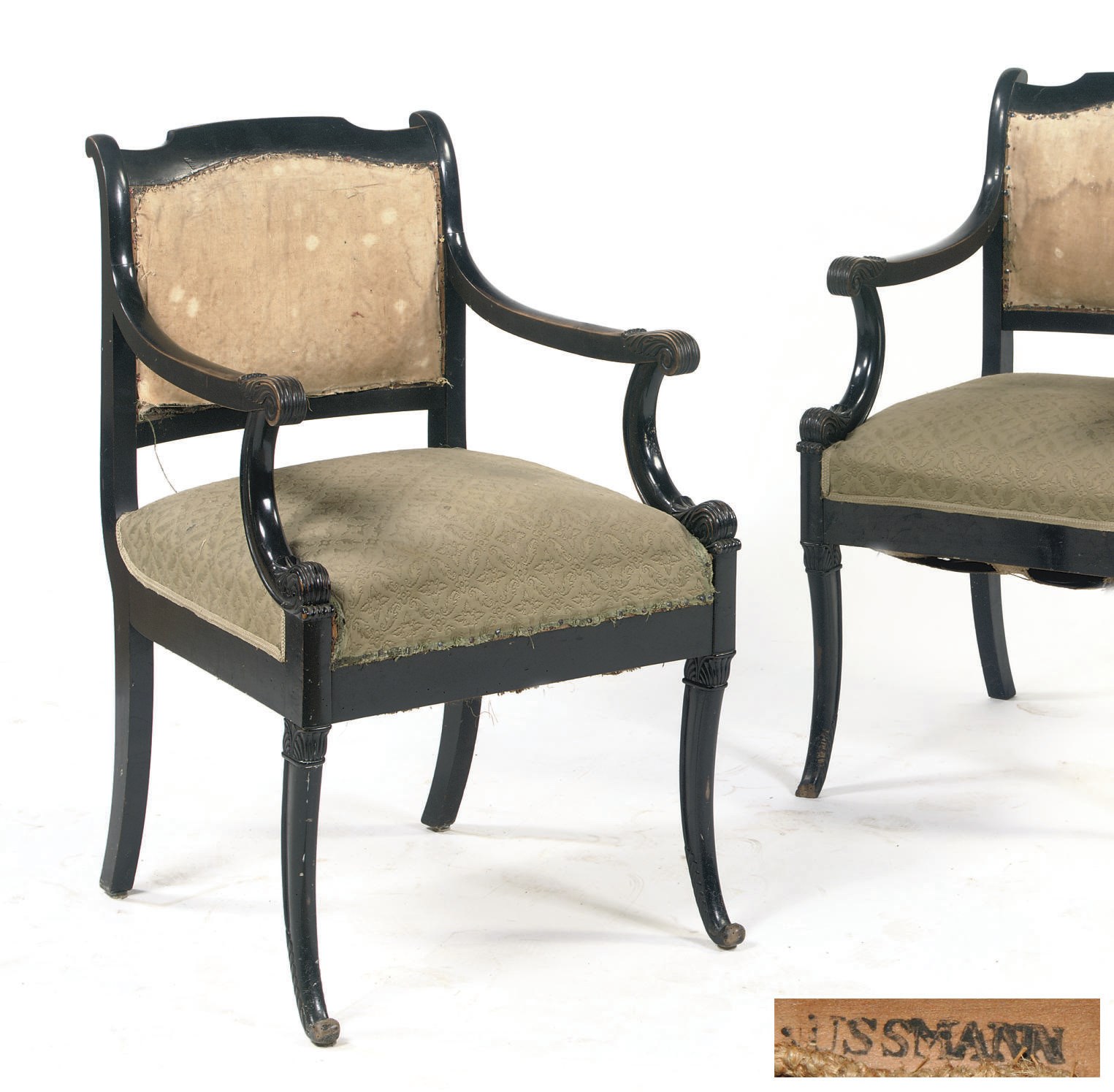 A PAIR OF SOUTH WEST GERMAN EBONIZED OPEN ARMCHAIRS
