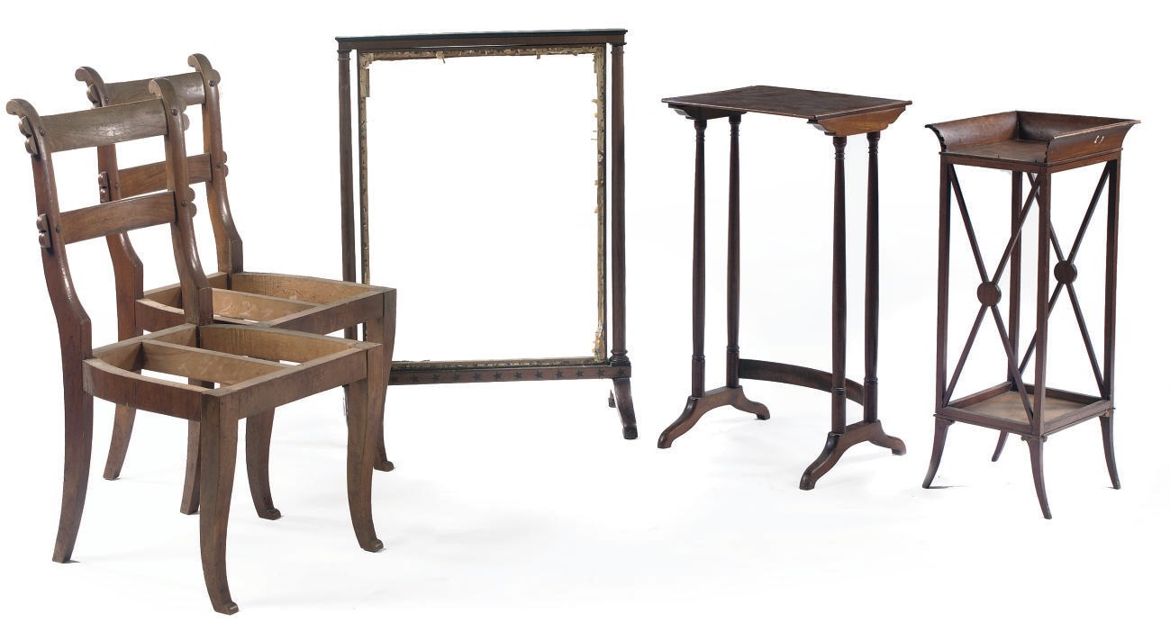 TWO GERMAN MAHOGANY SIDE TABLES AND A GERMAN MAHOGANY FIRESCREEN