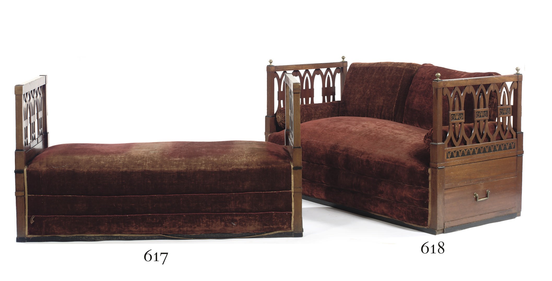 A GERMAN EBONIZED, MAHOHANY AND MARQUETRY BANQUETTE