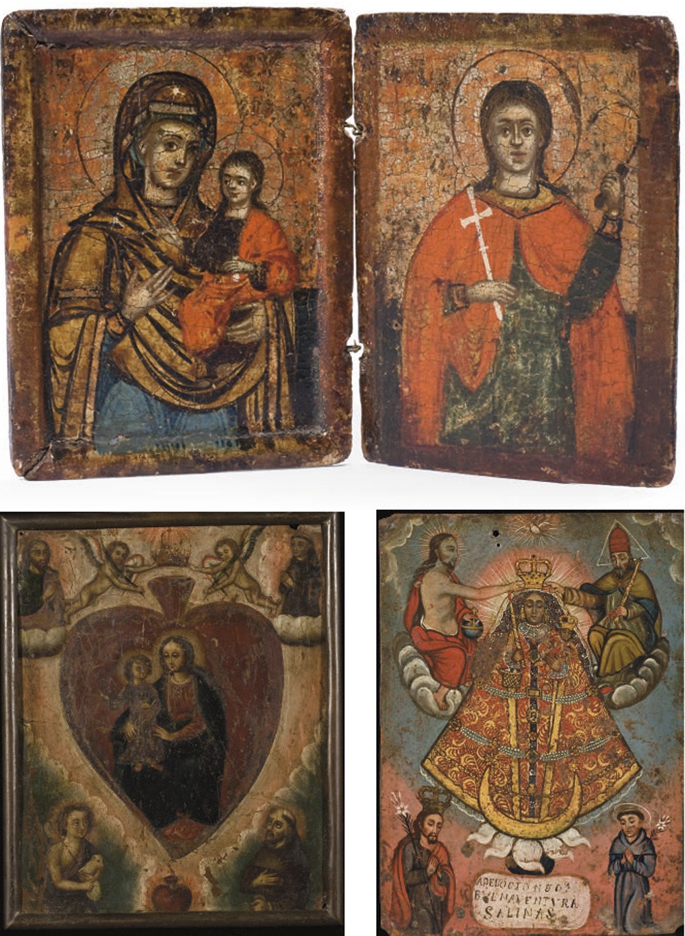 DEUX PLAQUES EN CUIVRE ET UN DIPTYQUE, PEINT POLYCHROME ET PARTIELLEMENT DORE