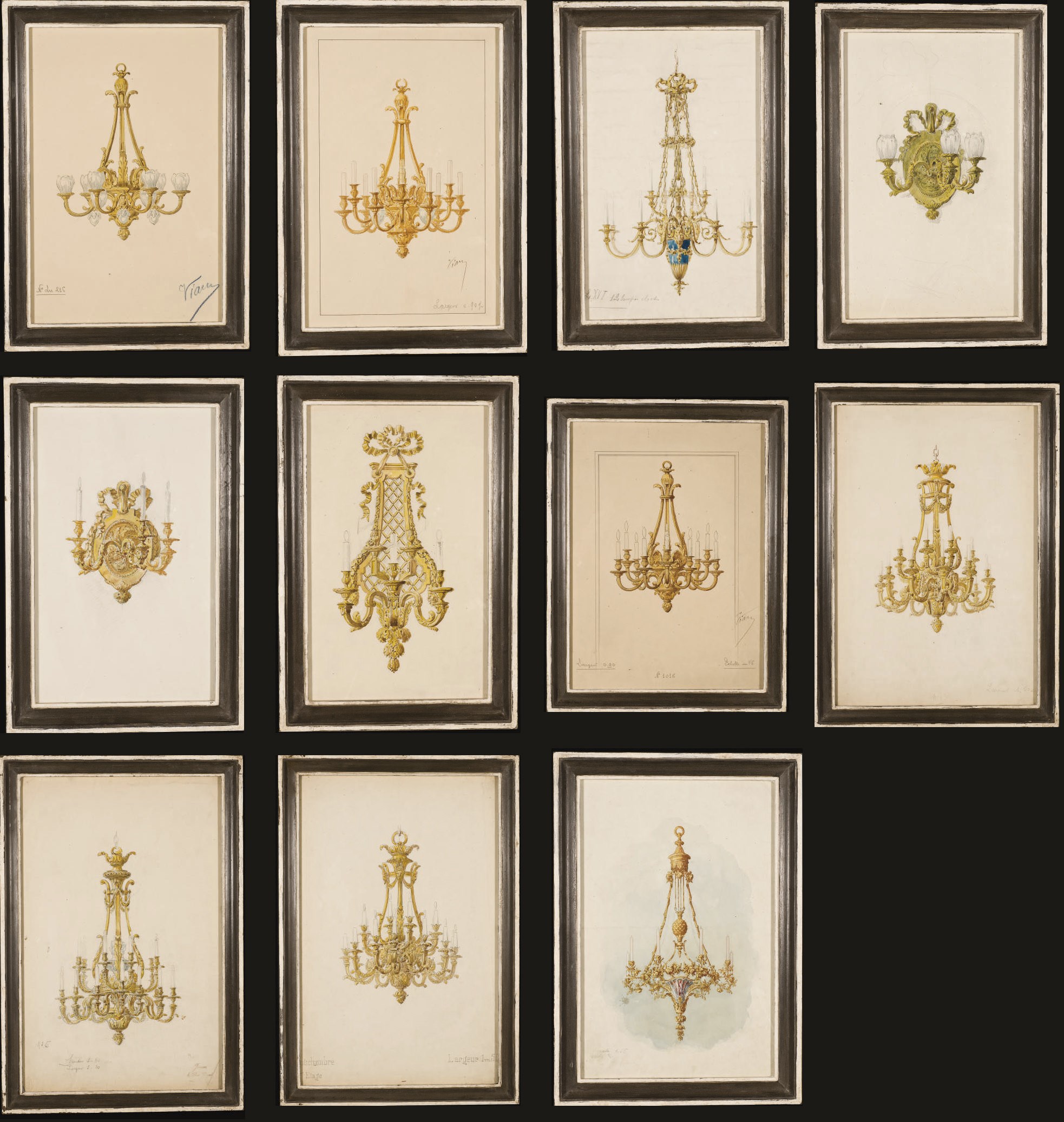 SUITE COMPOSITE DE DOUZE PROJETS DE LUSTRES ET APPLIQUES DE LA FIN DU XIXEME SIECLE