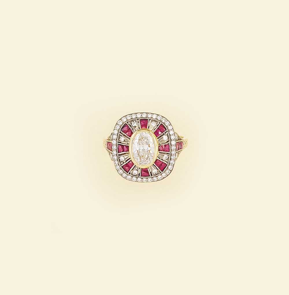 A diamond and ruby cluster ring