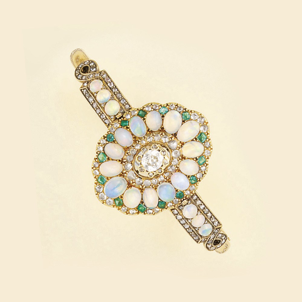 A Victoran diamond, opal and emerald bangle/brooch