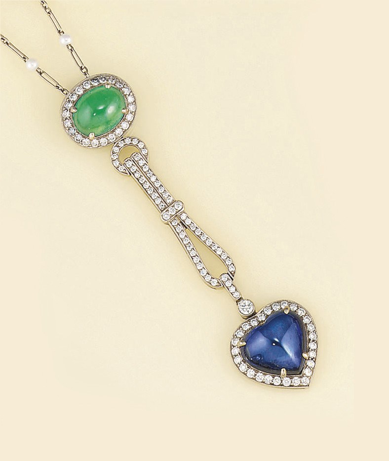A diamond, emerald and sapphire pendant necklace