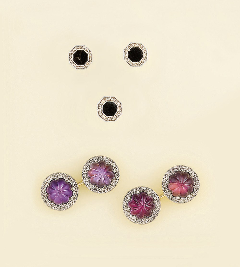 A pair of diamond and gem cufflinks, three dress studs and a pocket watch