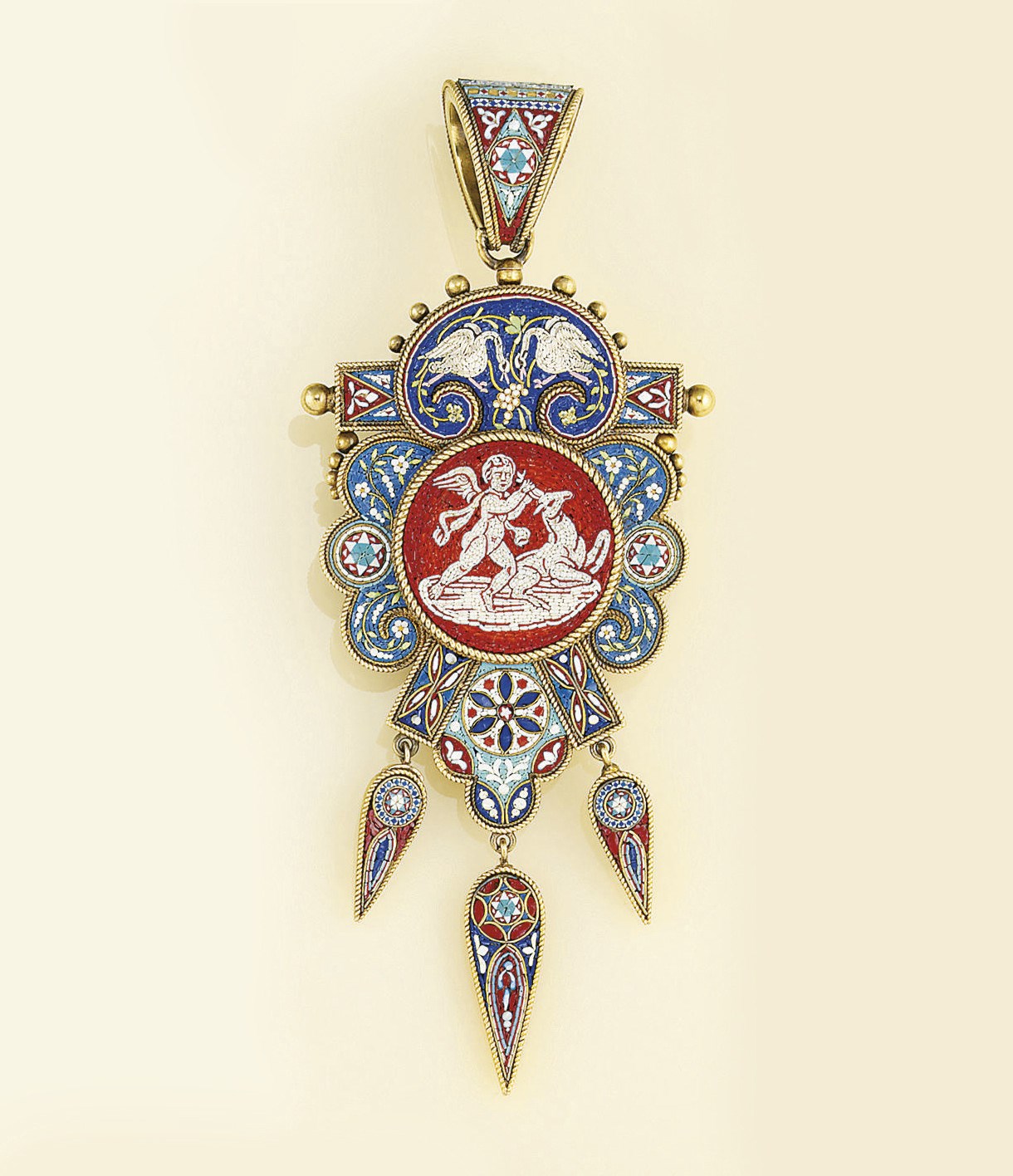 A 19th century Italian gold micro mosaic pendant/brooch and necklace