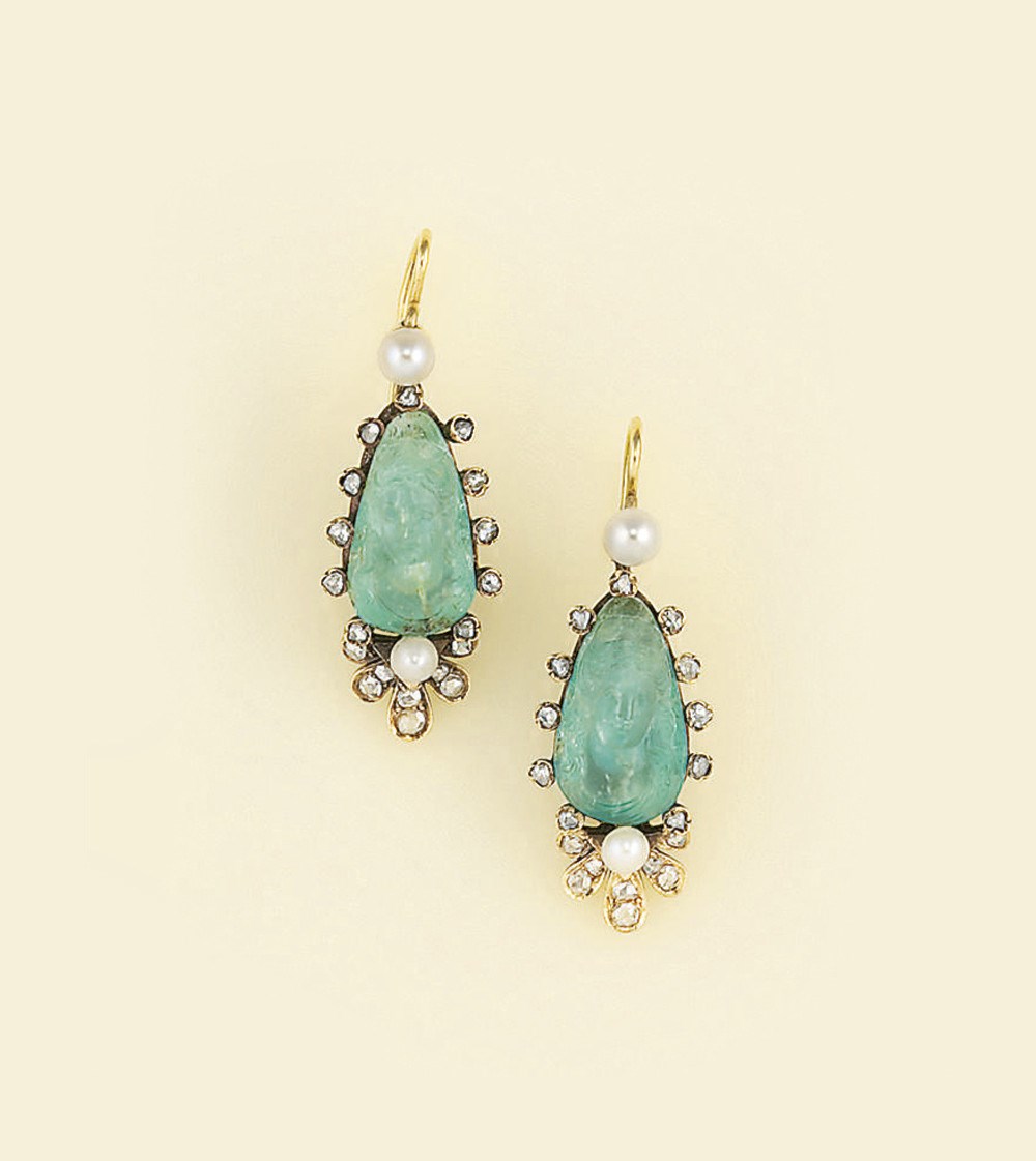 A pair of 19th century emerald cameo and diamond earpendants