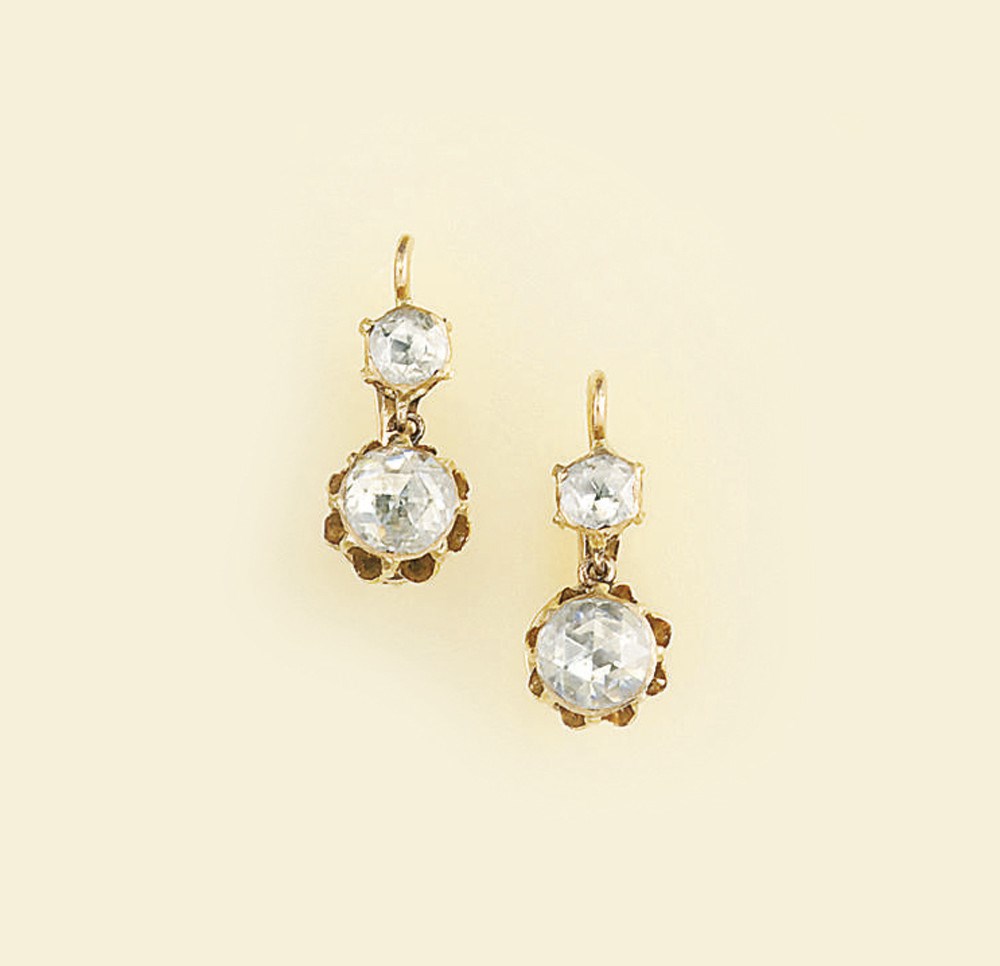 A pair of rose-cut diamond two stone earpendants