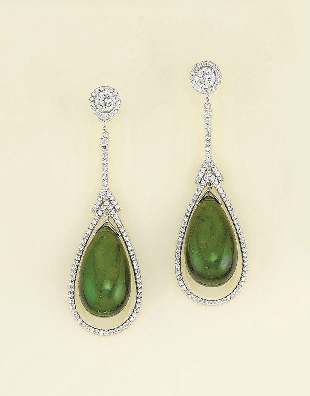 A PAIR OF TOURMALINE AND DIAMOND EARPENDANTS