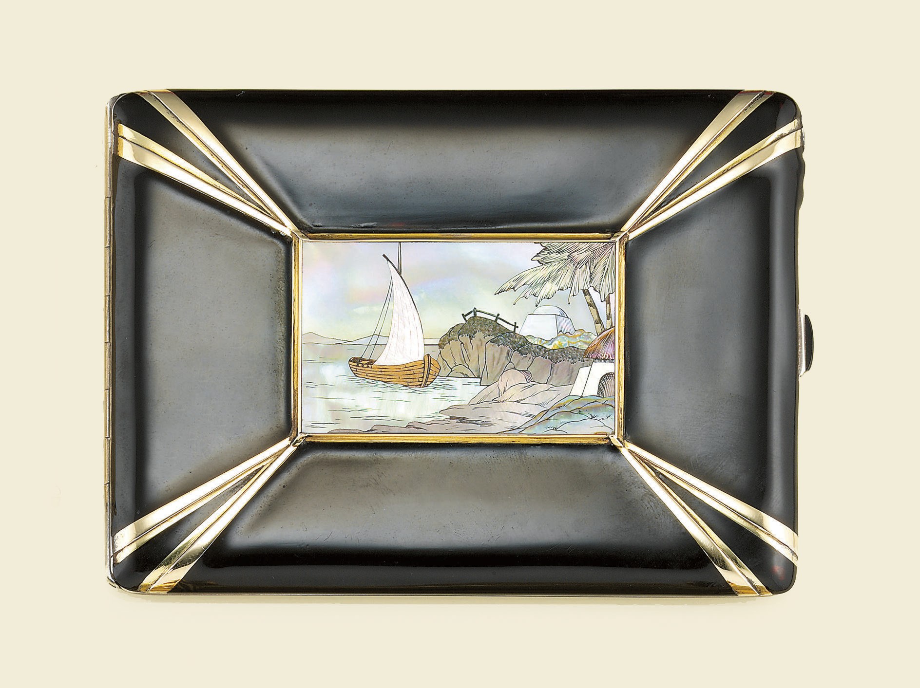 A FRENCH ART DECO SILVER, ENAMEL AND MOTHER-OF-PEARL CIGARETTE CASE
