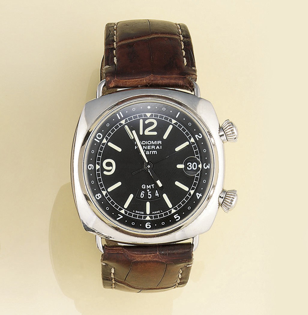 A stainless steel automatic dual time alarm "Radiomir"/GMT wristwatch, by Panerai