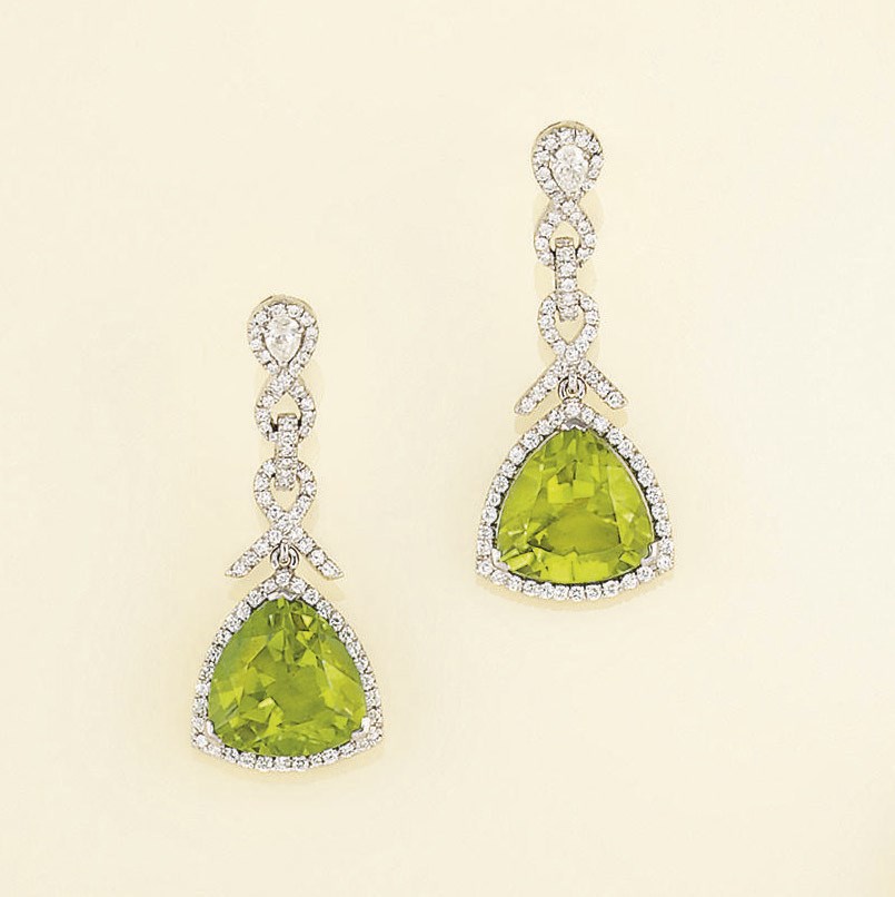 A pair of peridot and diamond earpendants