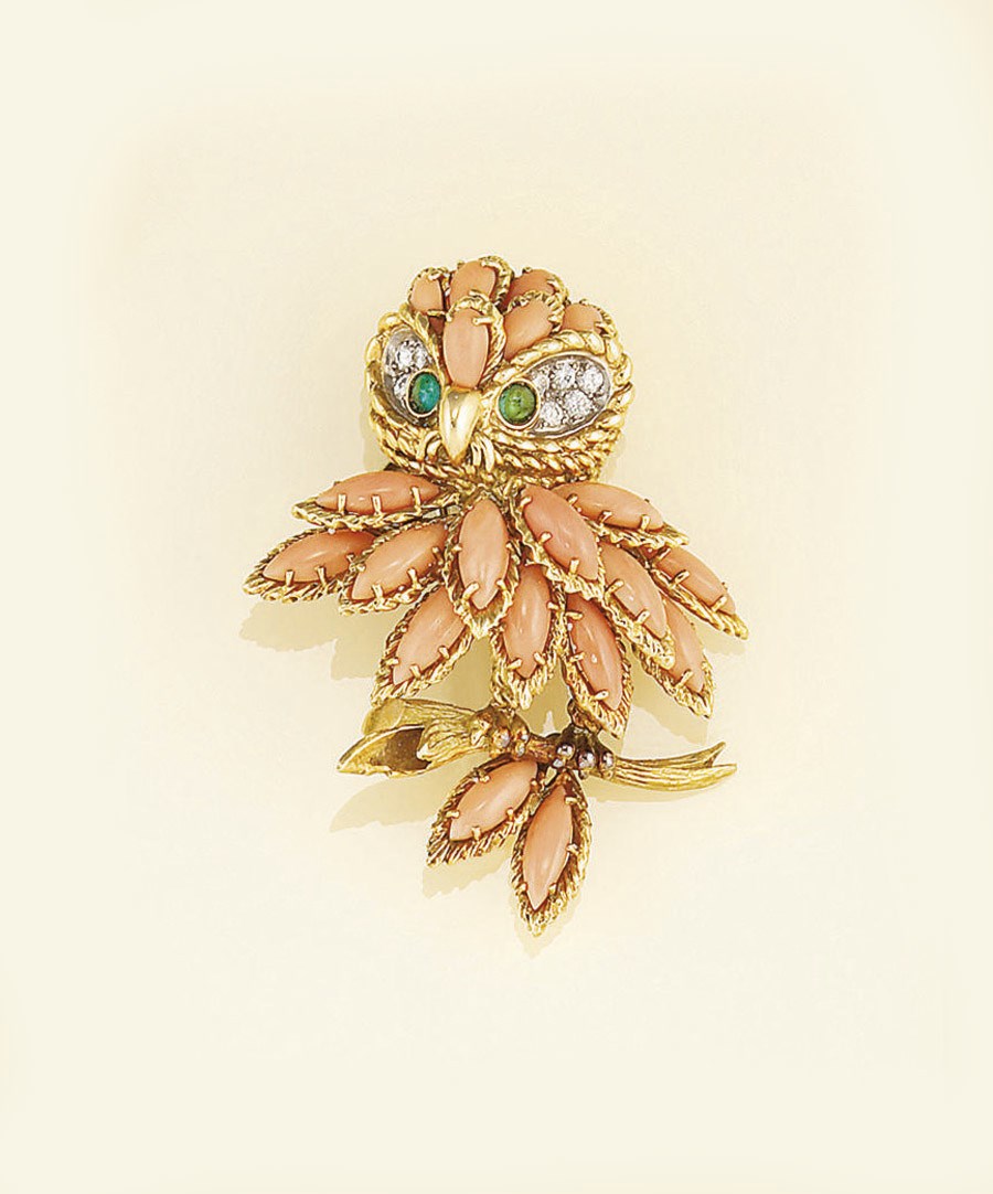 A diamond, coral and emerald owl brooch, by Gubelin