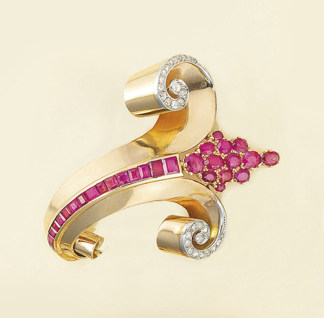 An Italian gold, ruby and diamond brooch
