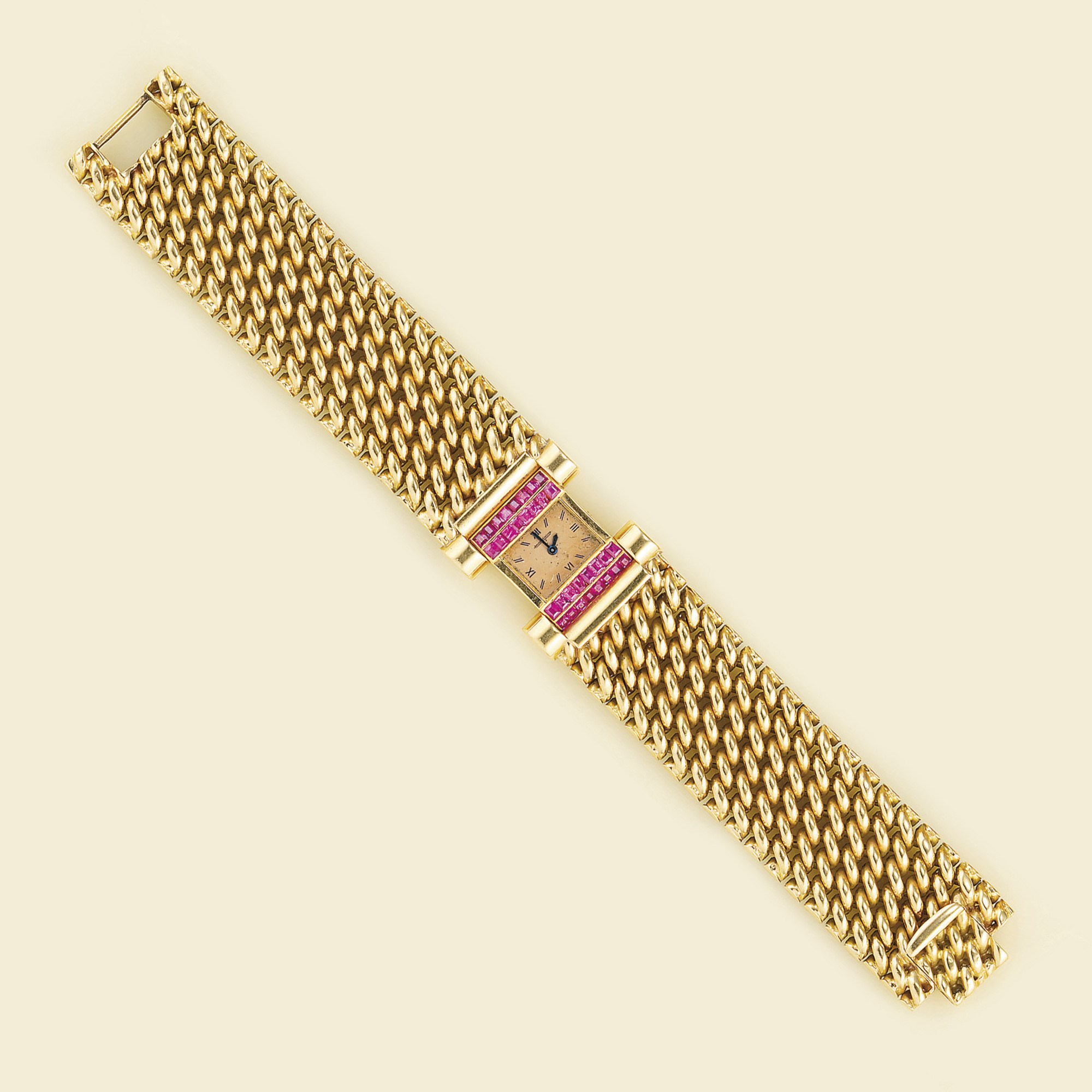 A lady's gold and ruby bracelet watch, by Jaeger leCoultre