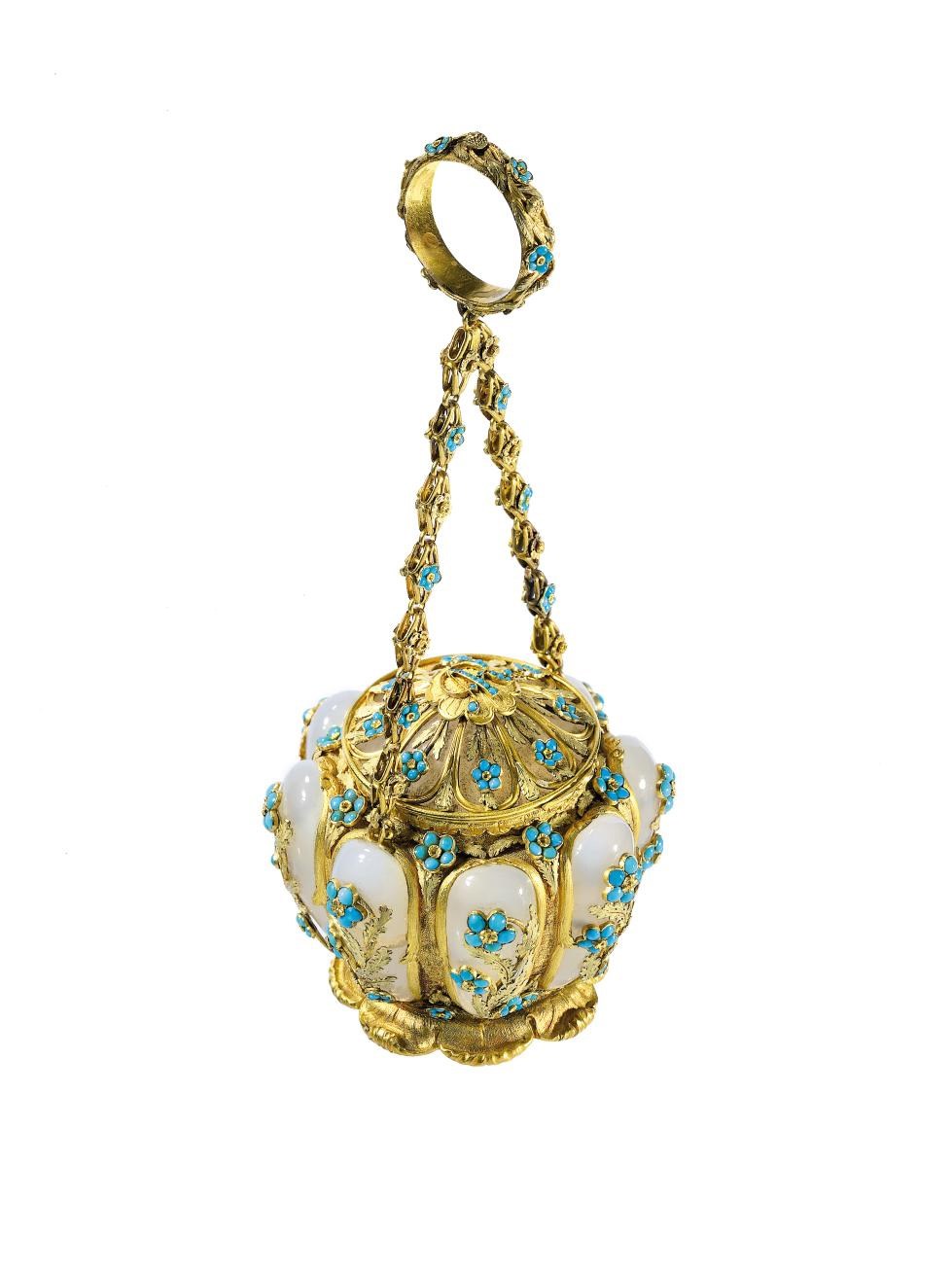 An early 19th century gold, chalcedony and turquoise vinaigrette of Royal interest