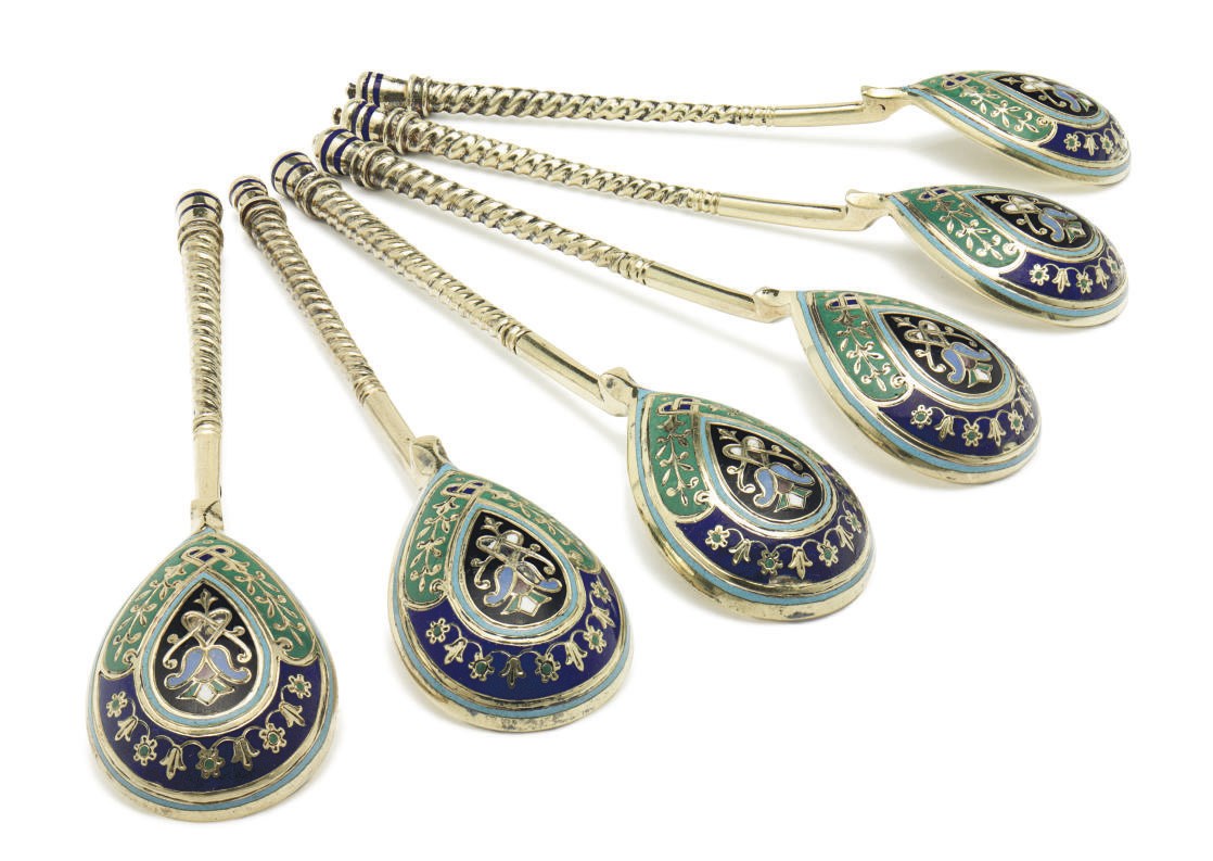 A Set of Six Silver-Gilt and Champlevé Enamel Teaspoons