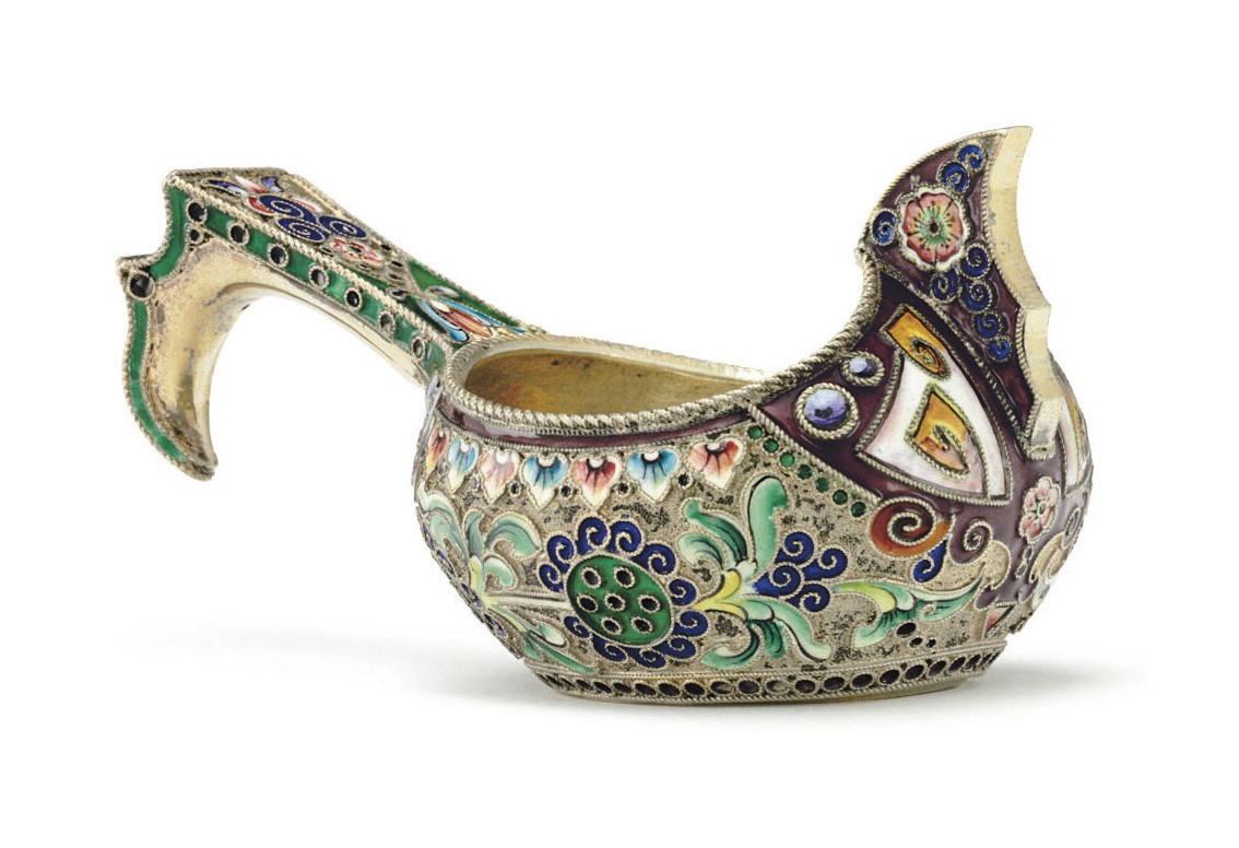 A Silver-Gilt and Cloisonné Enamel Small Kovsh