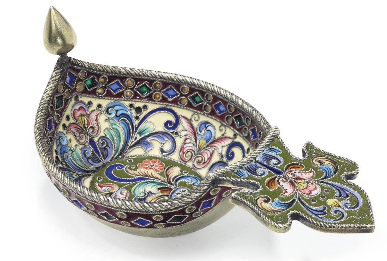 A Silver-Gilt, Cloisonné and Plique-à-Jour Enamel Small Kovsh