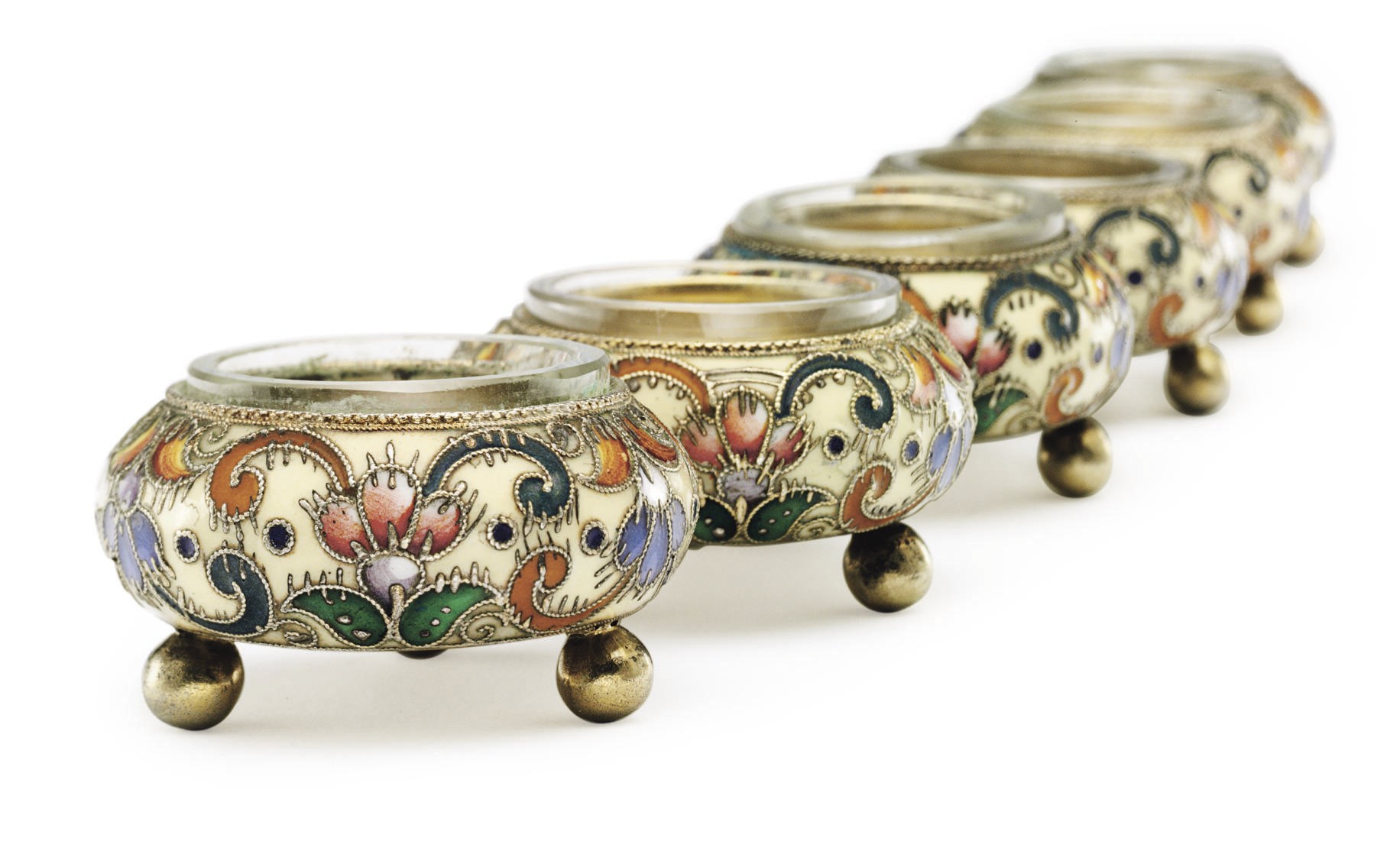 A Set of Six Silver-Gilt and Cloisonné Enamel Salt Cellars