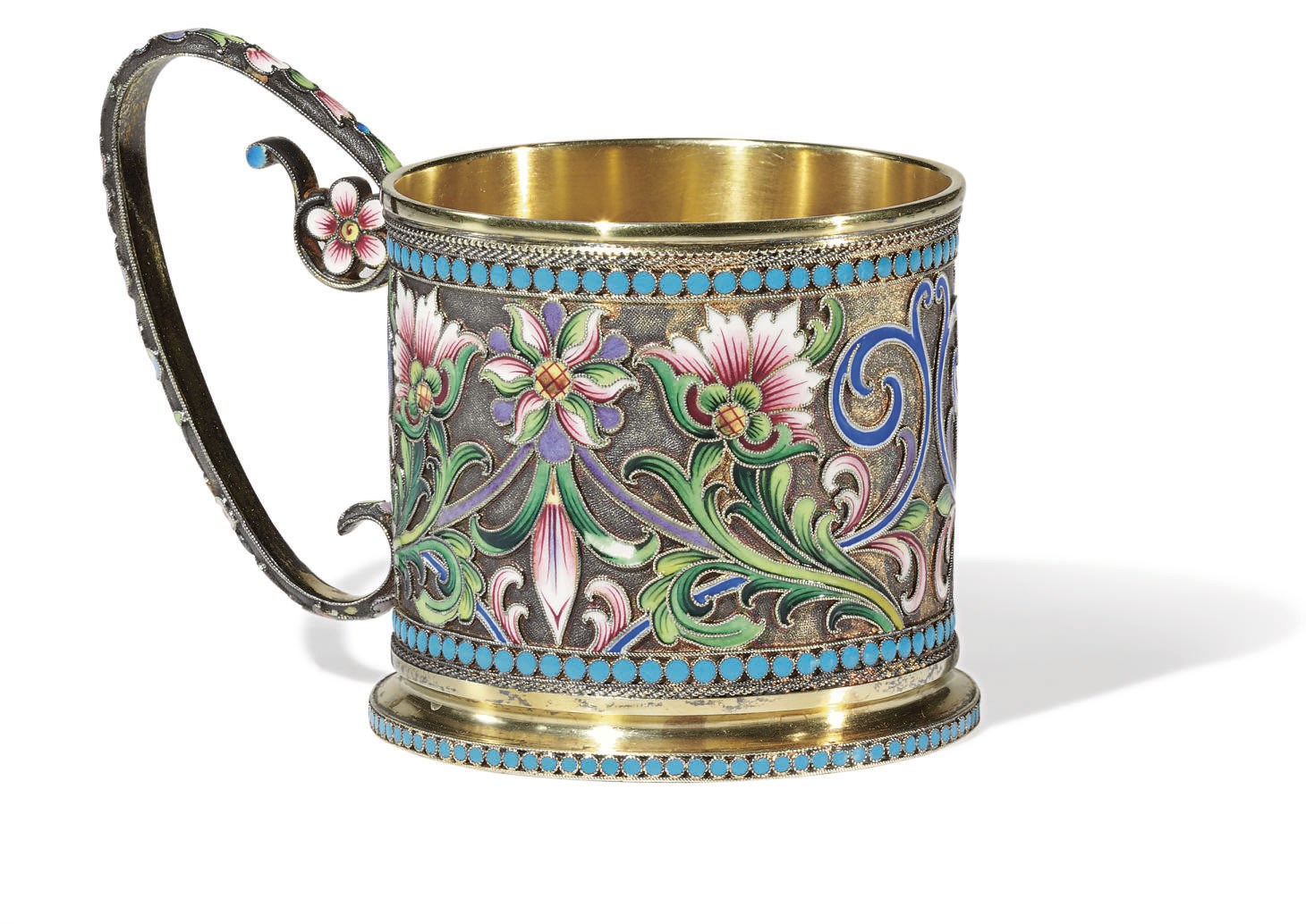 A SILVER-GILT AND CLOISONNÉ ENAMEL TEA GLASS HOLDER