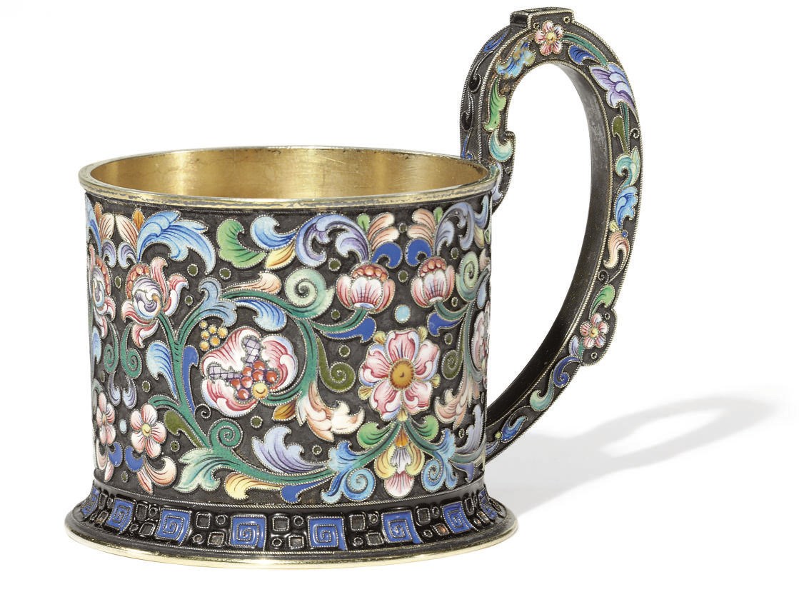 A SILVER-GILT AND CLOISONNÉ ENAMEL TEA GLASS HOLDER