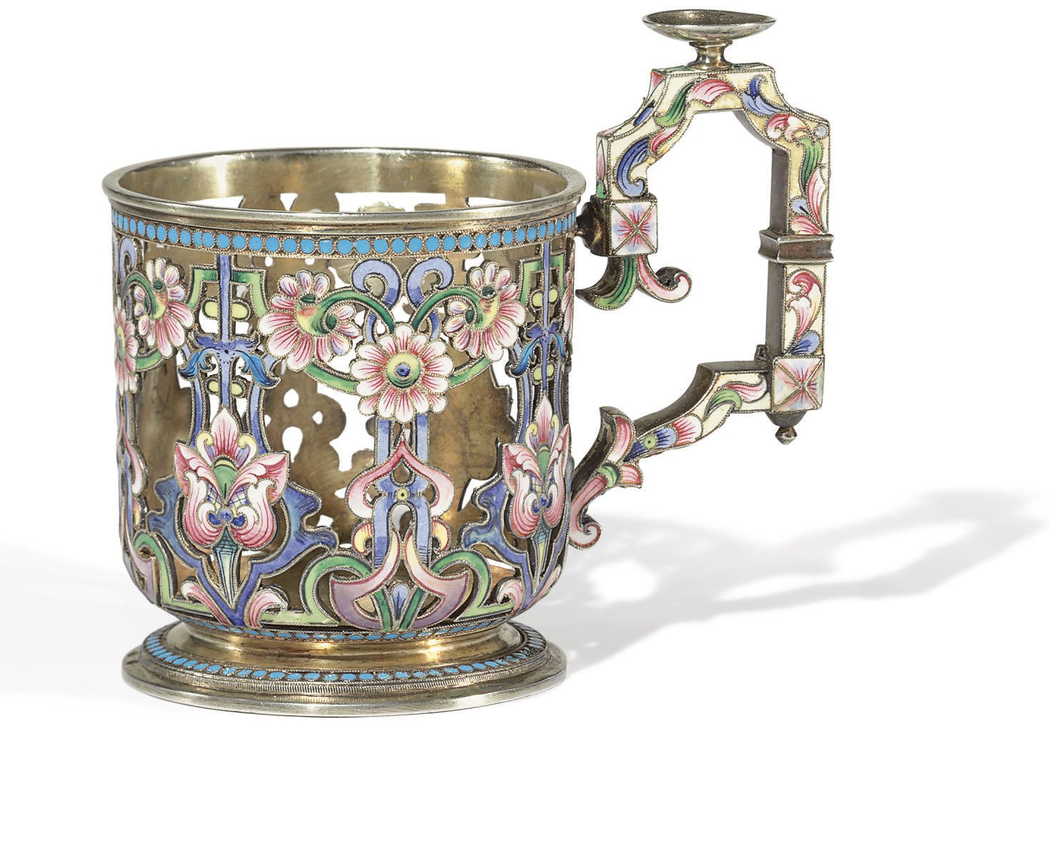 A SILVER-GILT AND CLOISONNÉ ENAMEL TEA GLASS HOLDER