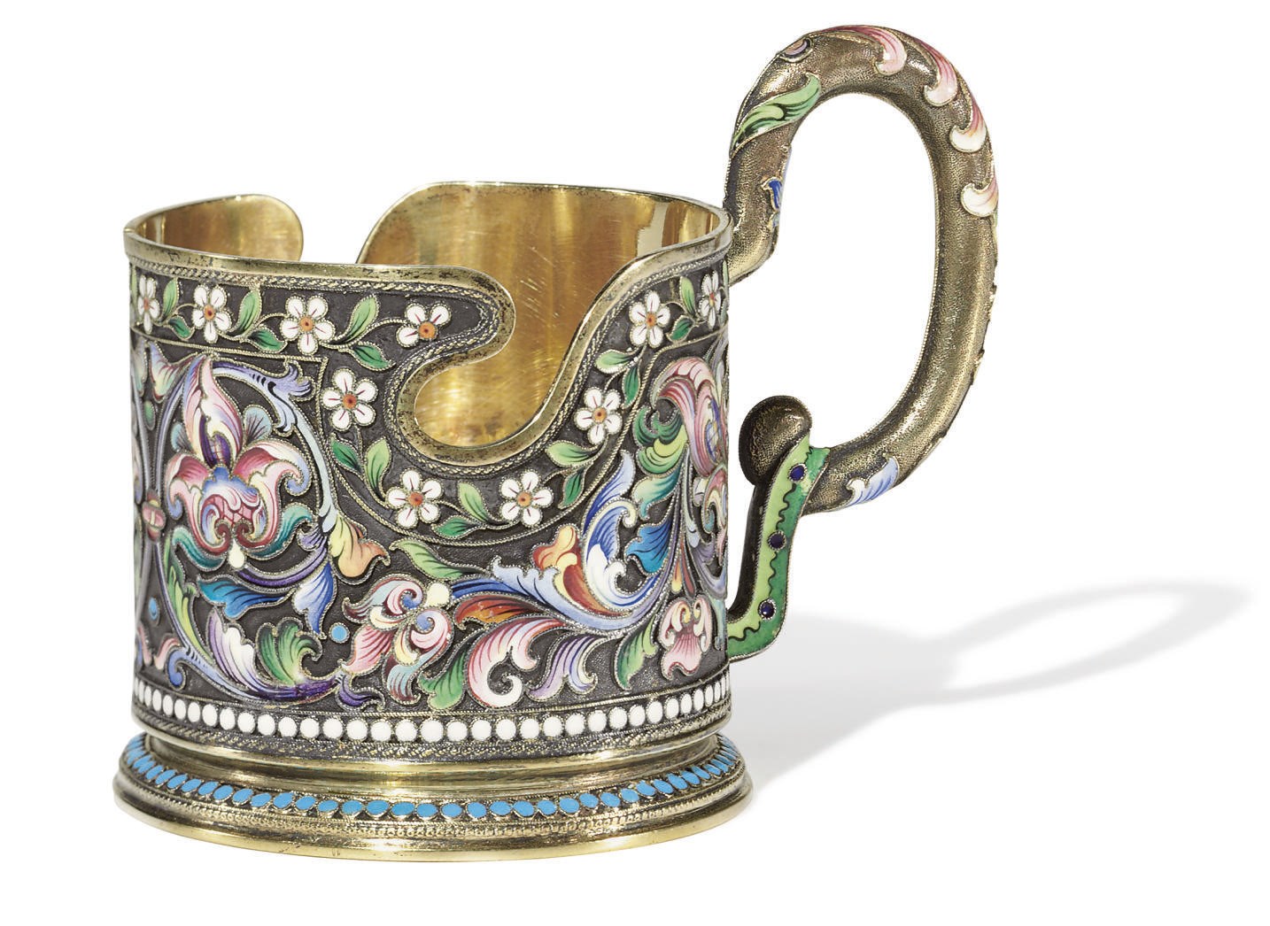 A SILVER-GILT AND CLOISONNÉ ENAMEL TEA GLASS HOLDER