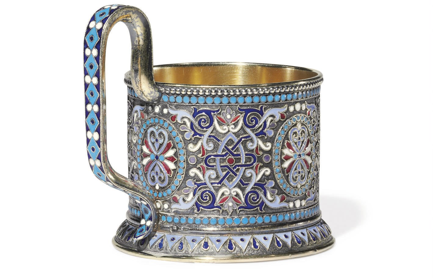 A SILVER-GILT AND CLOISONNÉ ENAMEL TEA GLASS HOLDER