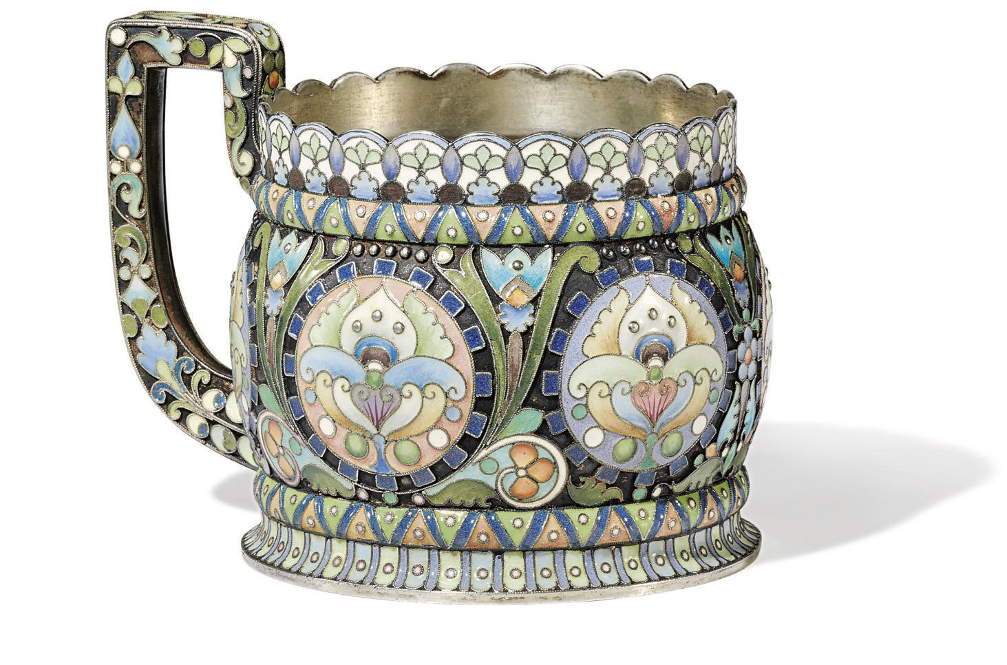 A SILVER-GILT AND CLOISONNÉ ENAMEL TEA GLASS HOLDER