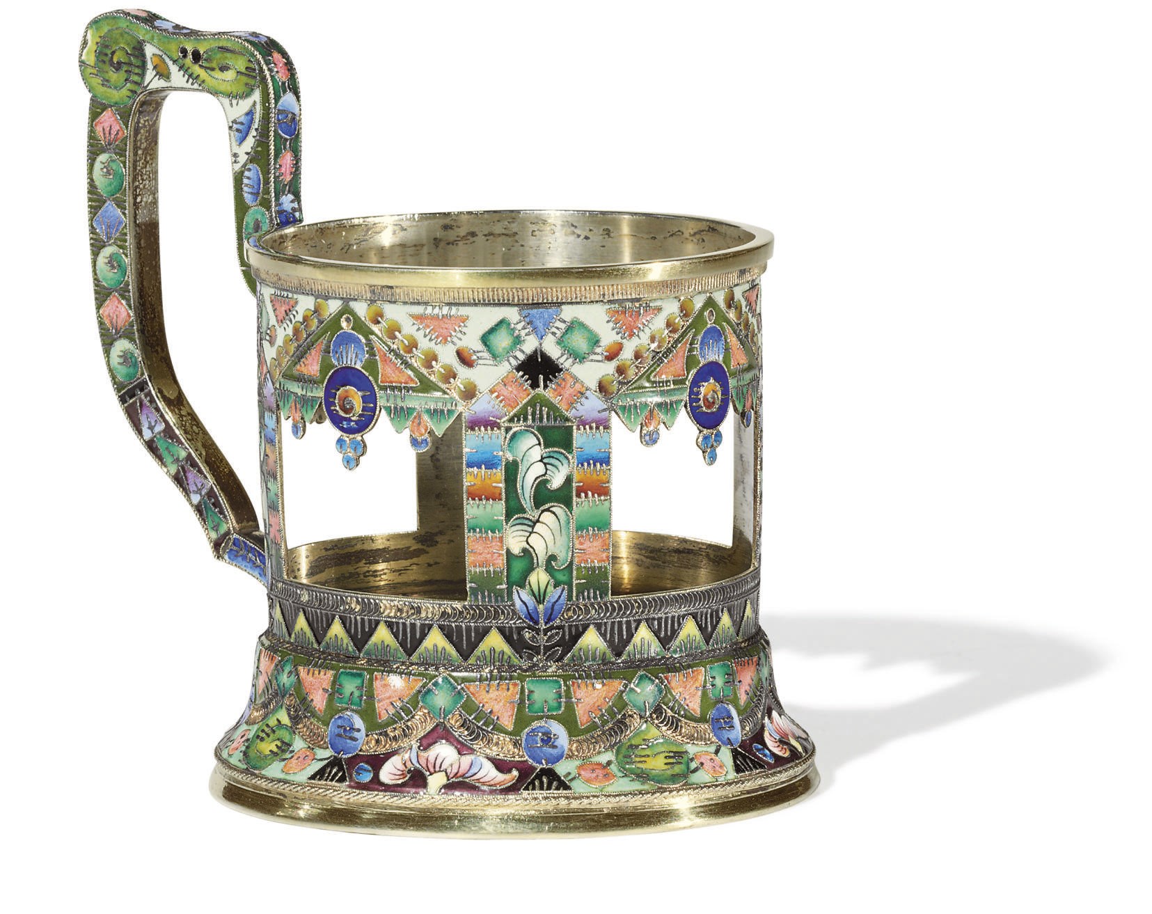 A SILVER-GILT AND CLOISONNÉ ENAMEL TEA GLASS HOLDER