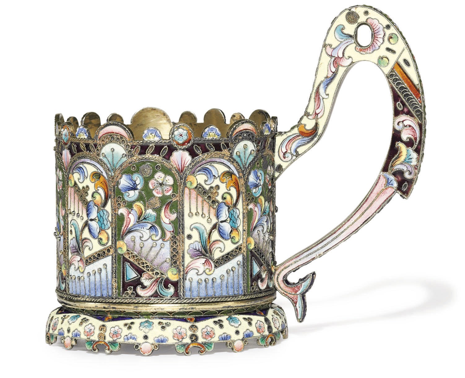 A SILVER-GILT AND CLOISONNÉ ENAMEL TEA GLASS HOLDER