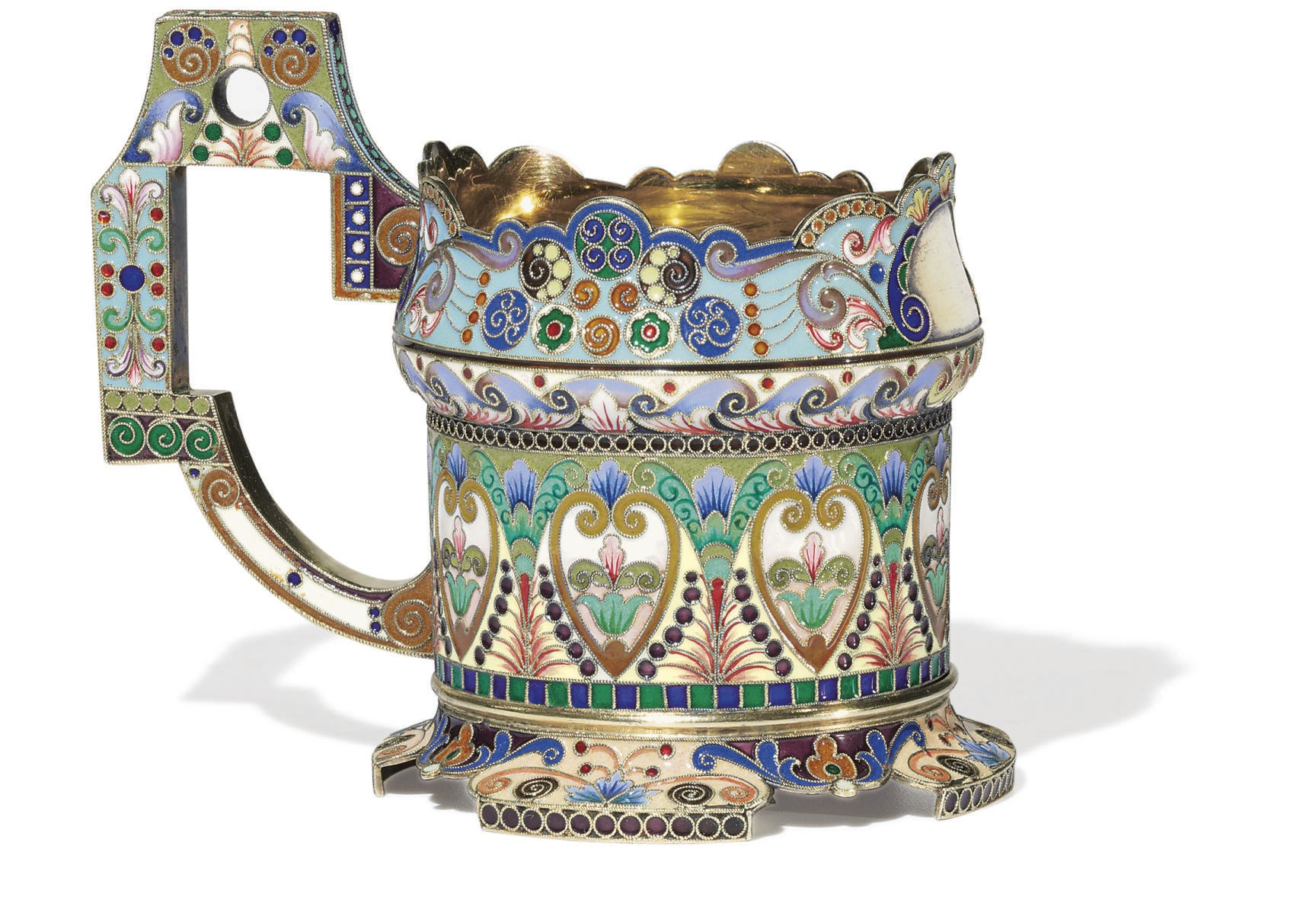 A SILVER-GILT AND CLOISONNÉ ENAMEL TEA GLASS HOLDER