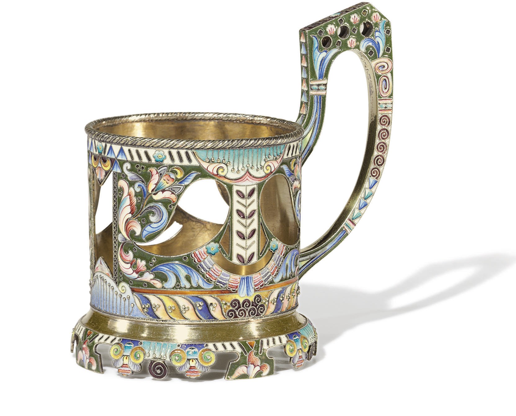 A SILVER-GILT AND CLOISONNÉ ENAMEL TEA GLASS HOLDER