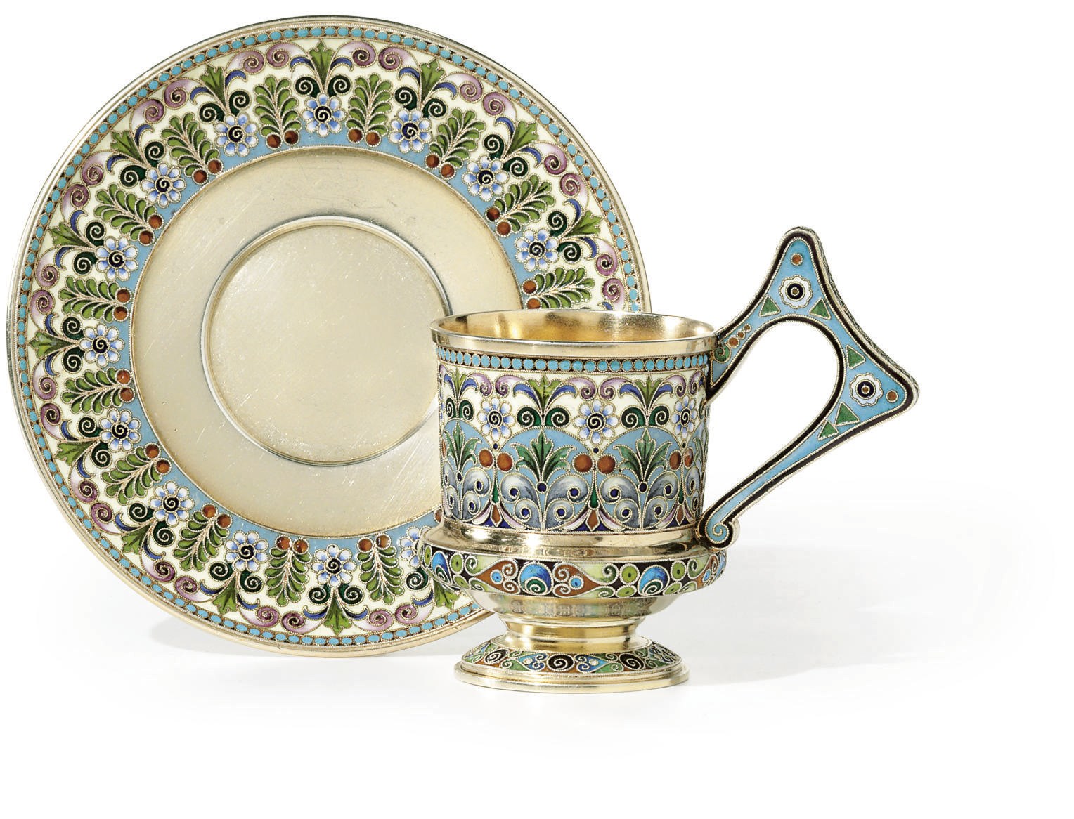 A Silver-Gilt and Cloisonné Enamel Demitasse Cup and Saucer