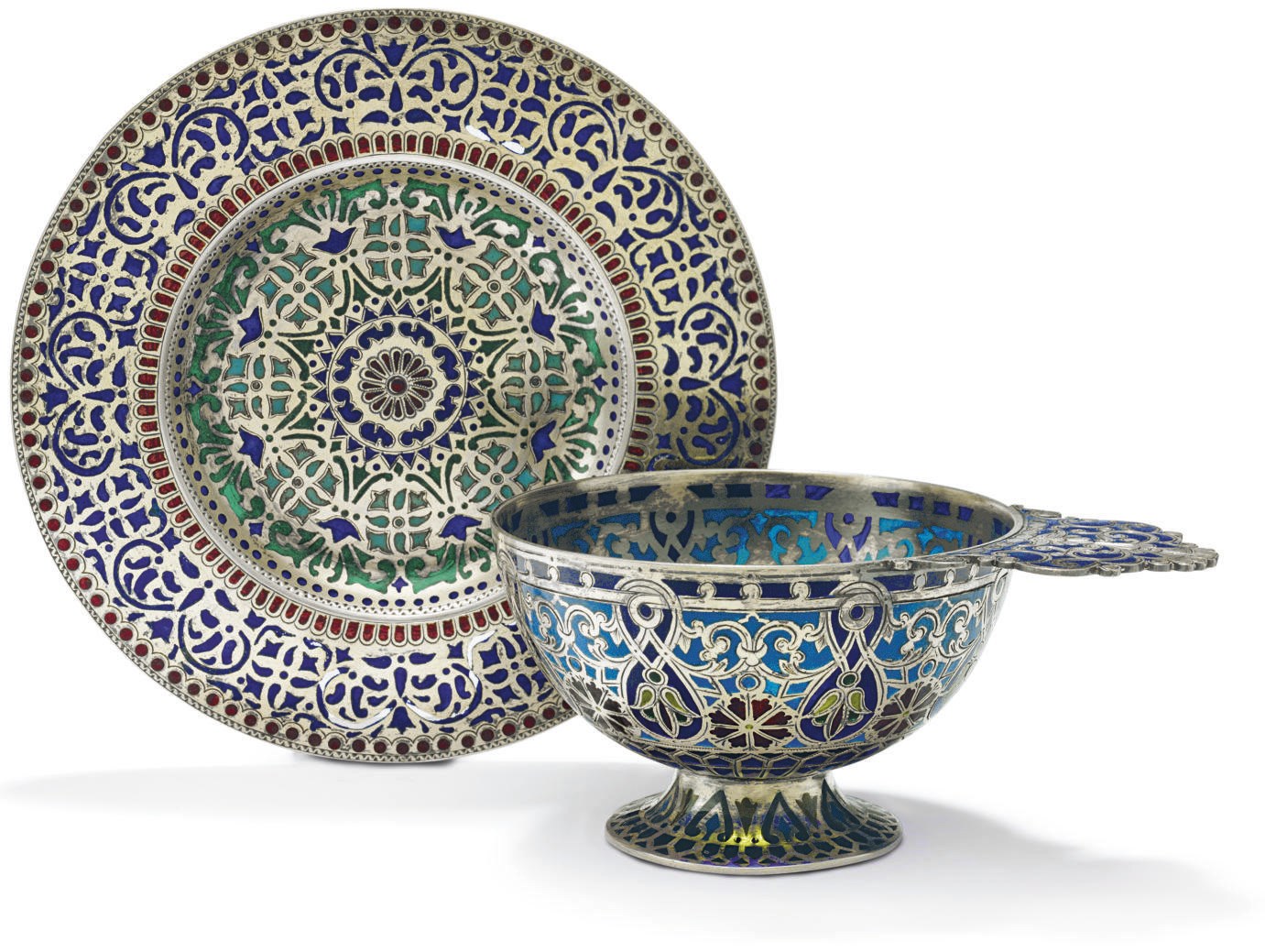 A Silver and Plique-à-Jour Enamel Charka and Saucer