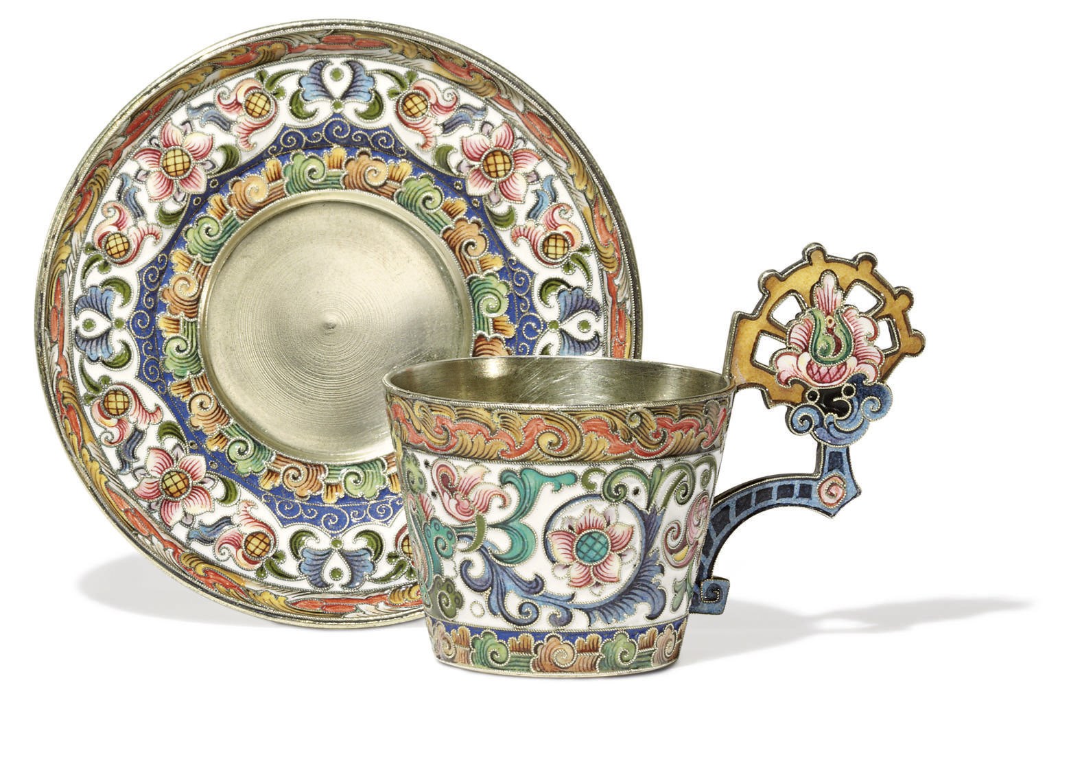 A Silver-Gilt and Cloisonné Enamel Demitasse Cup and Saucer