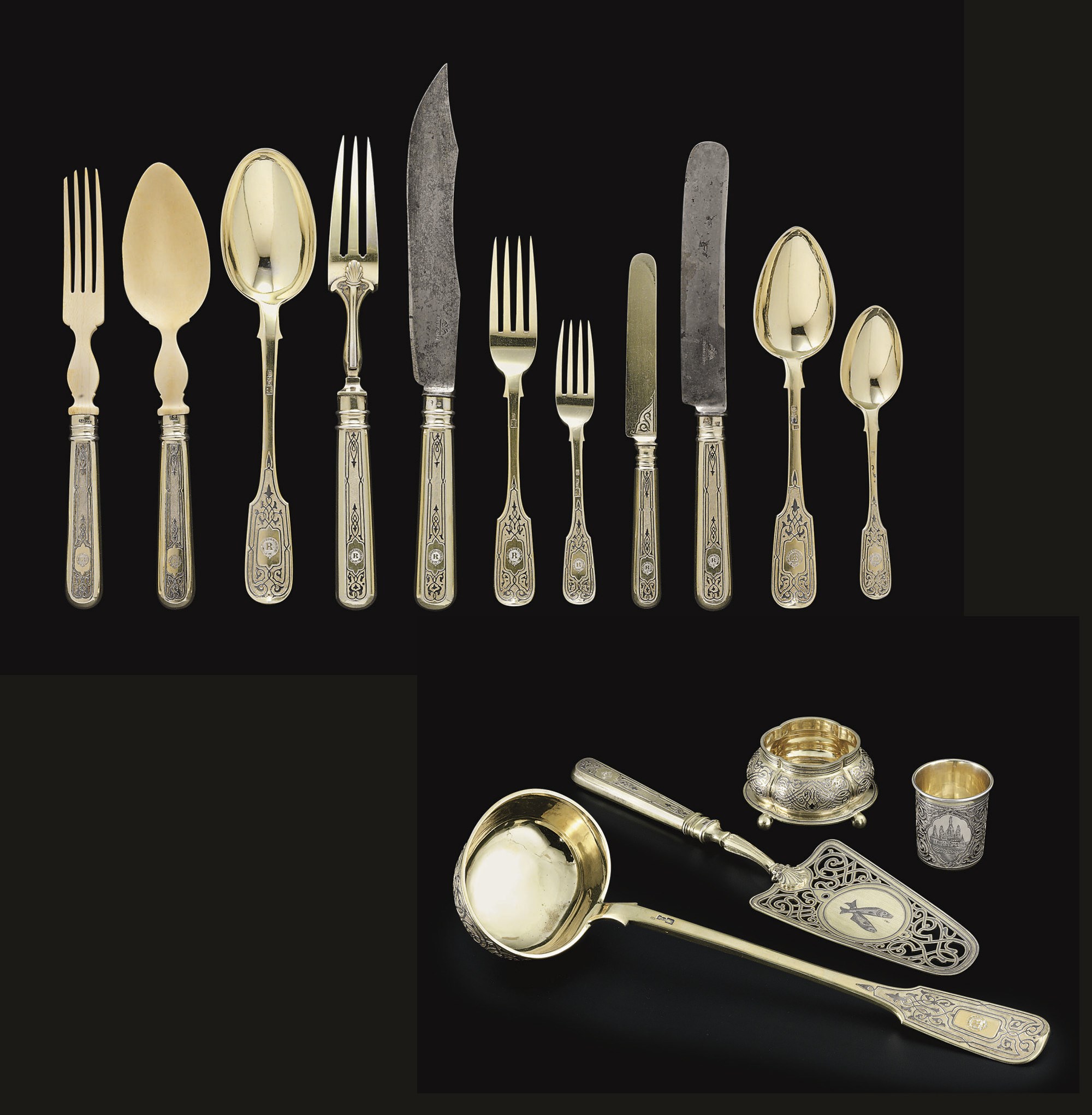 A Silver-Gilt and Niello Flatware Service