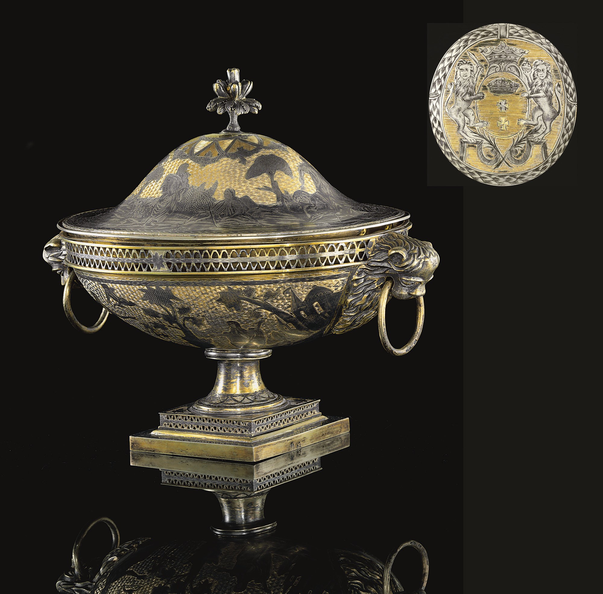 An Important Parcel-Gilt Silver and Niello Soup Tureen