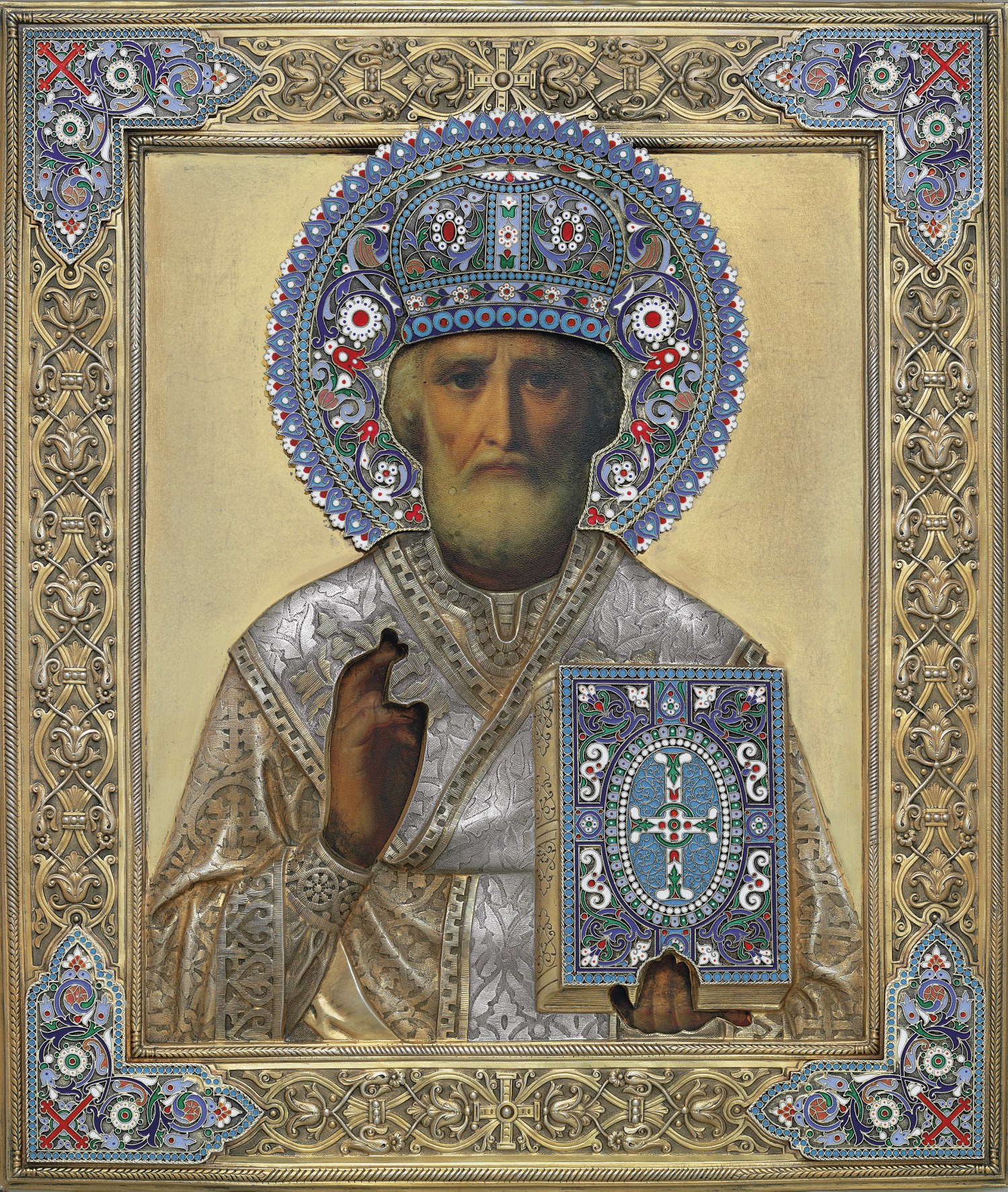 St. Nicholas the Miracle-Worker with a Parcel-Gilt Silver and Cloisonné Enamel Oklad