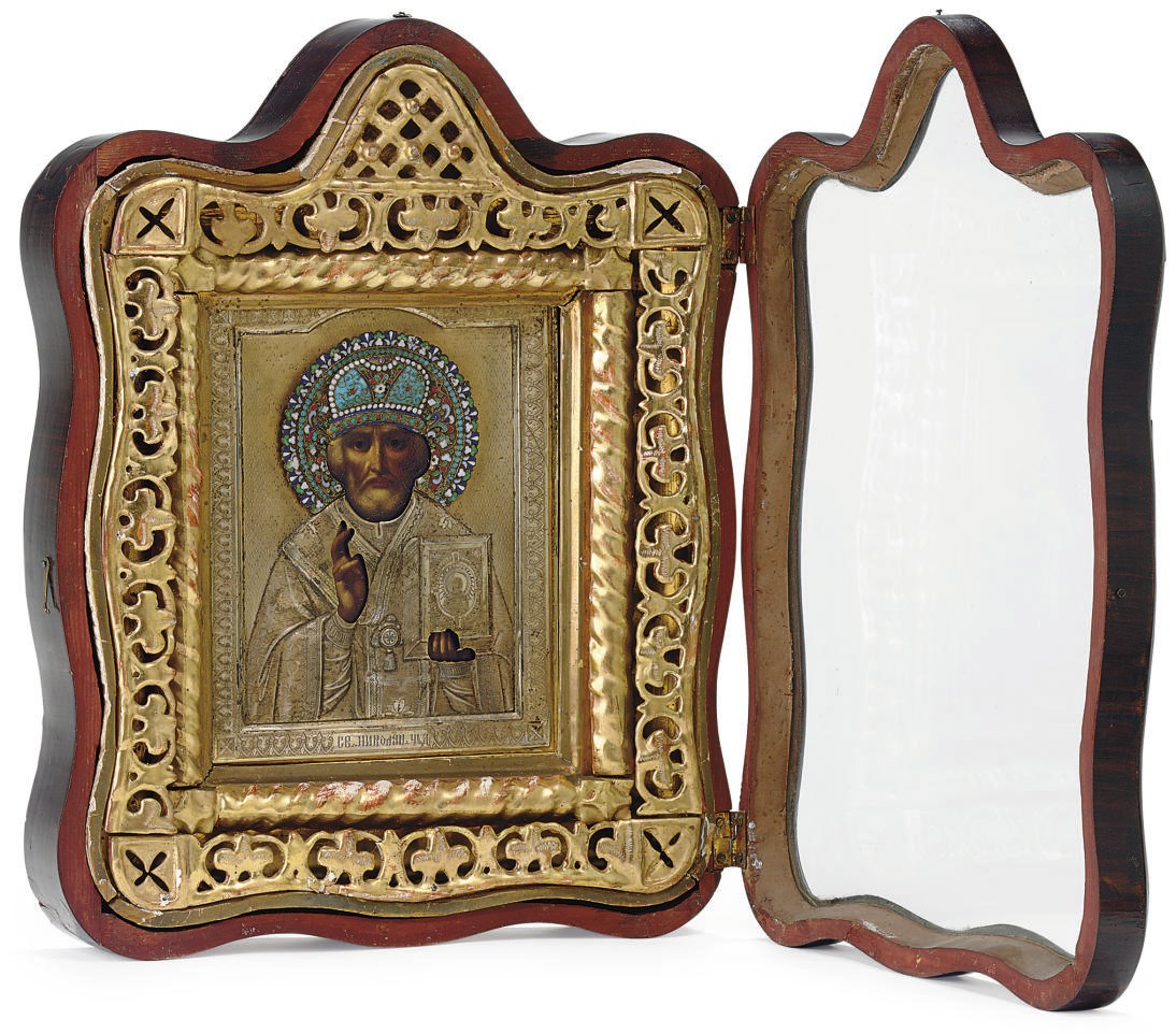 St. Nicholas the Miracle-Worker with a Silver-Gilt and Cloisonné Enamel Oklad