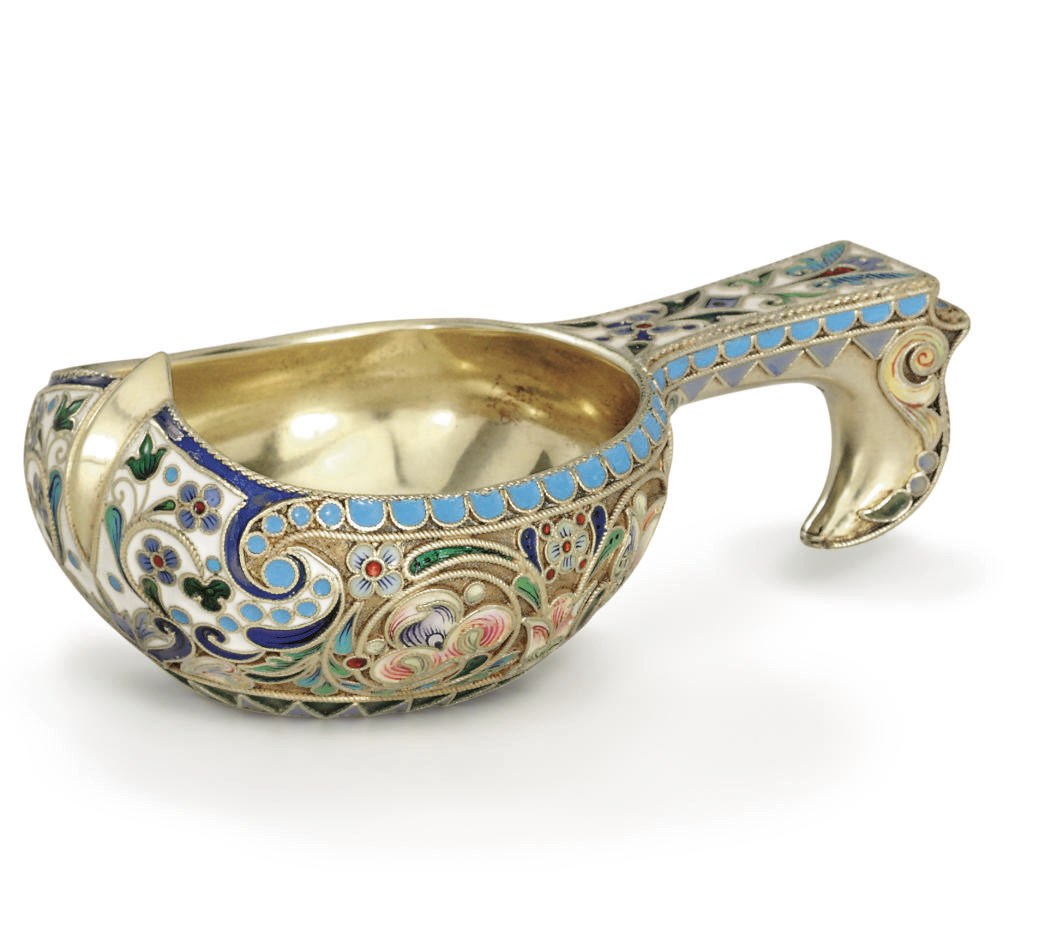 A Silver-Gilt and Cloisonné Enamel Kovsh