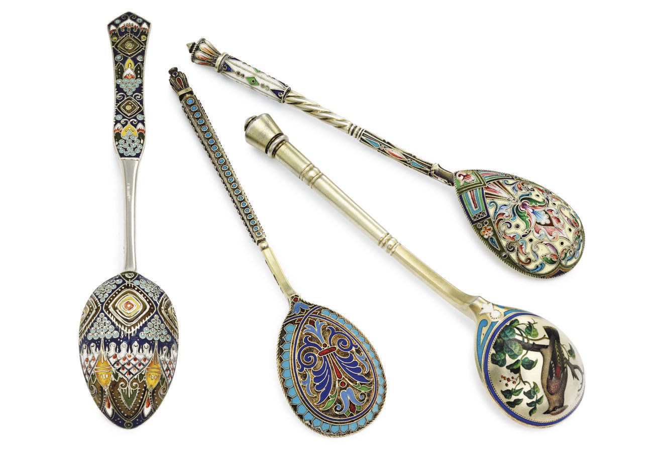 Four Silver Cloisonné and Champlevé Enamel Spoons