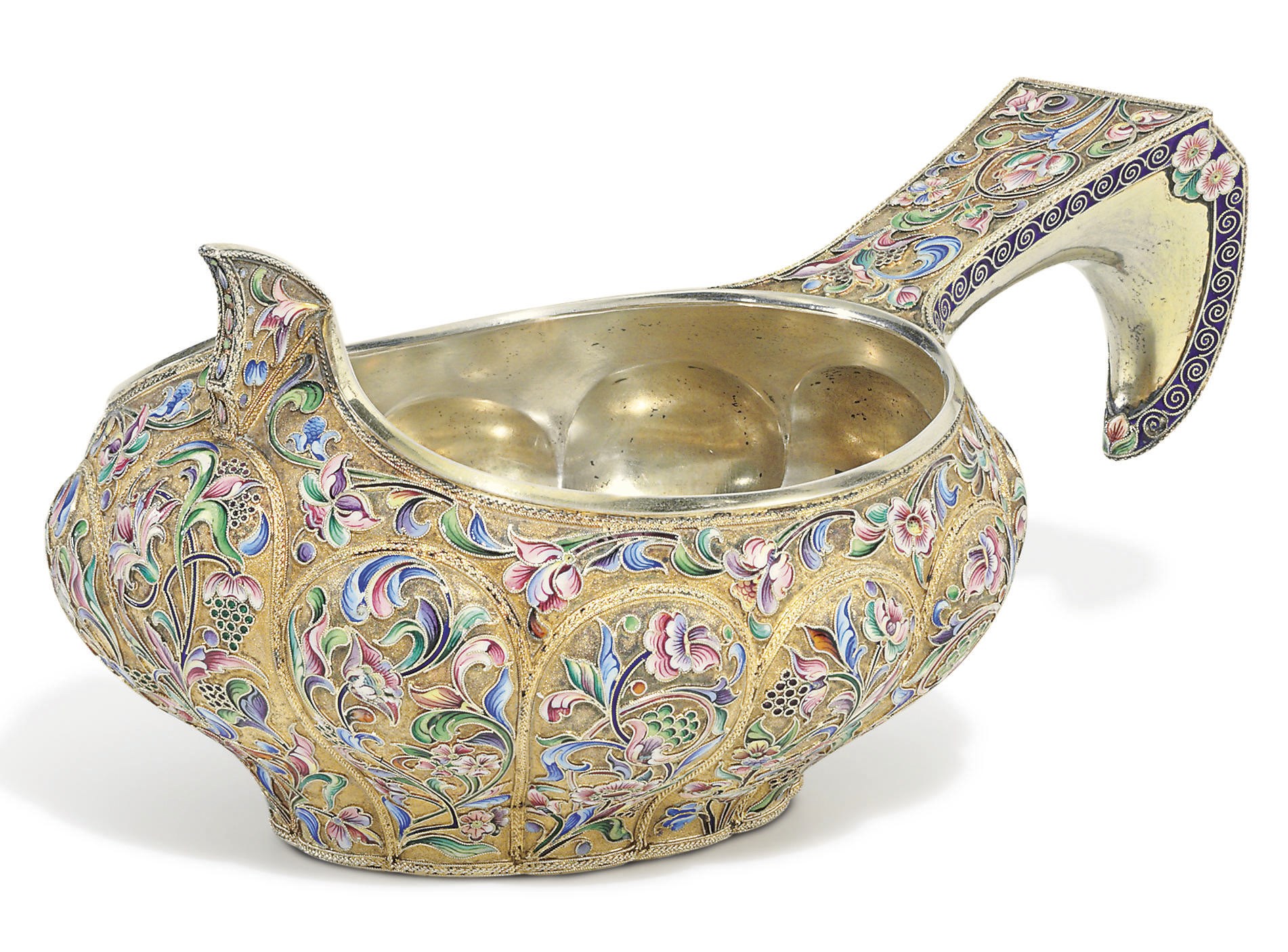 A Silver-Gilt and Cloisonné Enamel Kovsh
